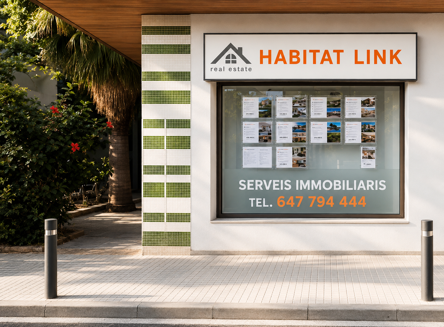 Cartel de agencia inmobiliaria con anuncios de propiedades en venta y contacto telefónico, frente a calle peatonal con vegetación y árboles.