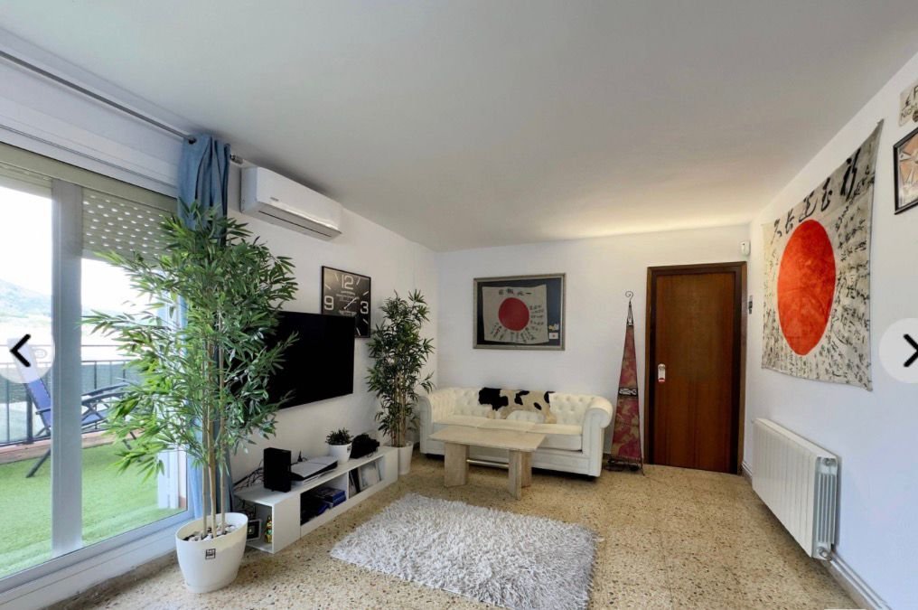 Sala de estar con televisor, plantas, sofá blanco, decoraciones japonesas, alfombra beige y ventanas con vista a un balcón.