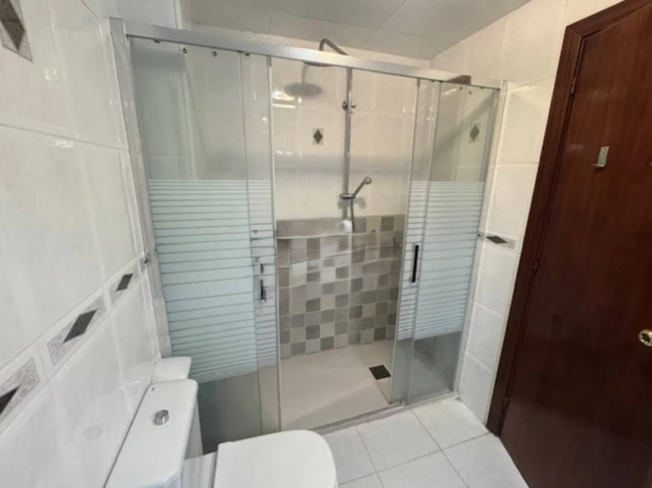 Baño con ducha de vidrio, sanitario y puerta de madera.