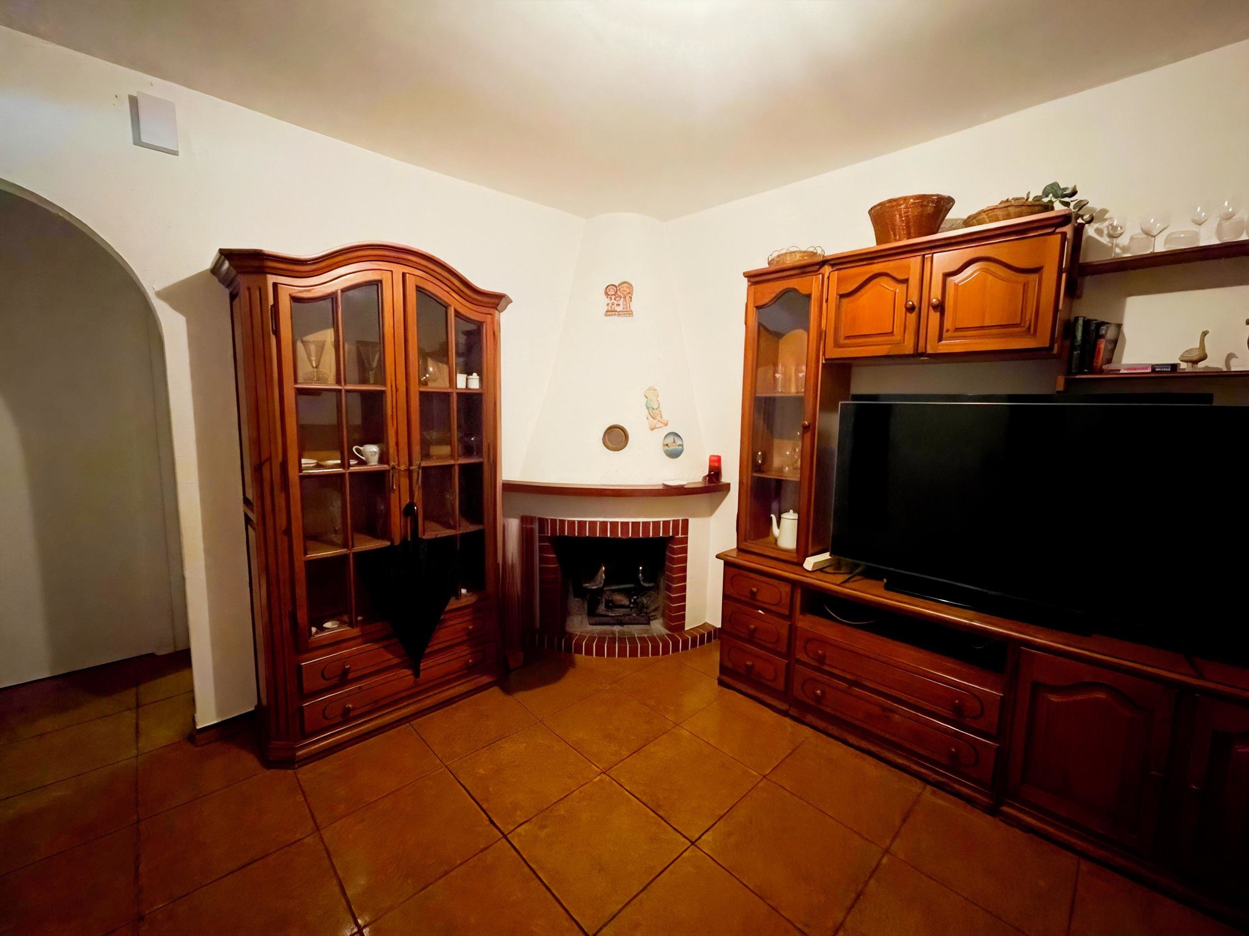 Sala con chimenea, estanterías de madera, y televisión.