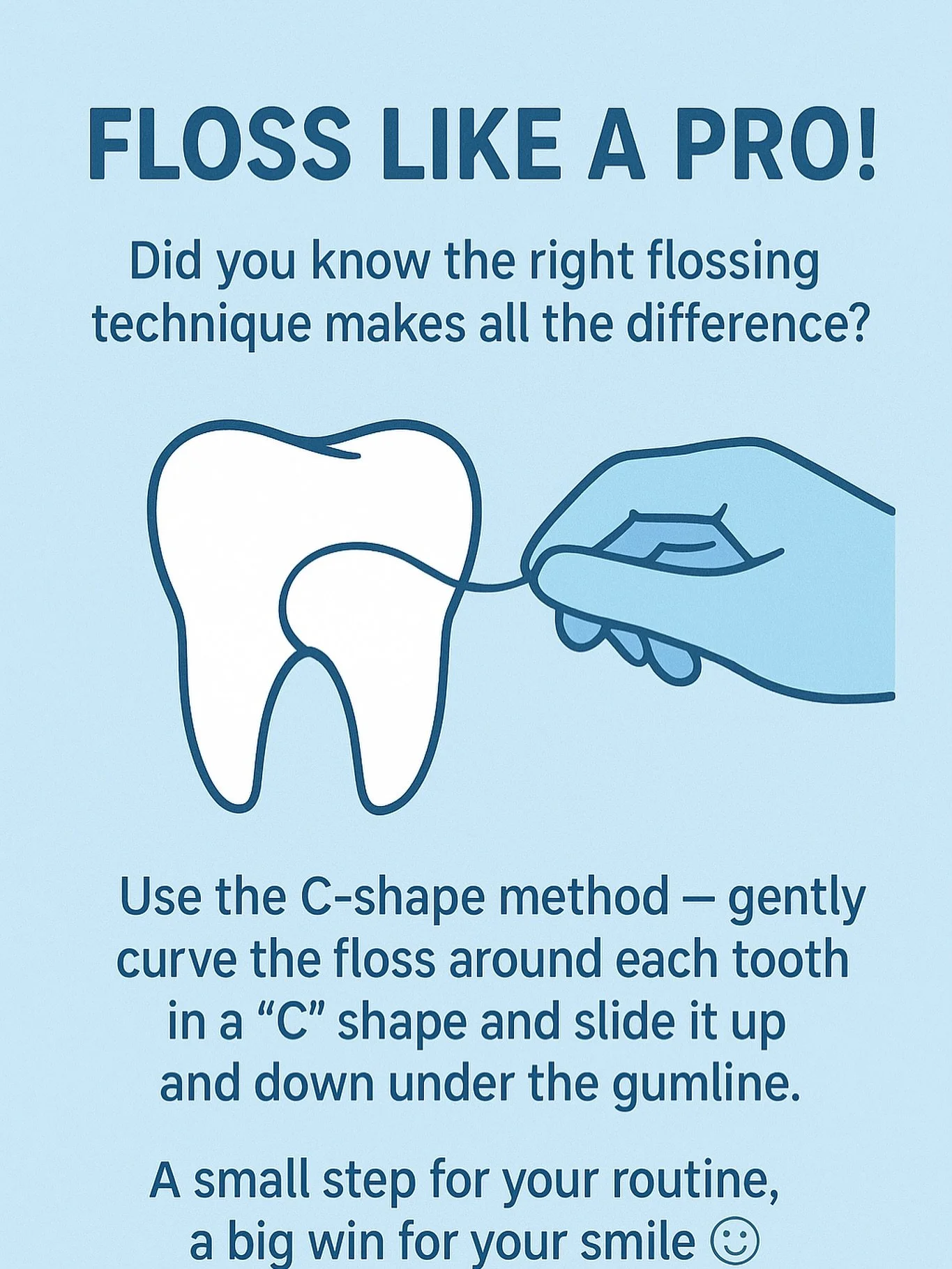 🪥 FLOSS LIKE A PRO! 🦷✨

Flossing is one of the best ways to prevent gum disease and cavities between your teeth &mdash; spots your toothbrush can&rsquo;t reach!
Here&rsquo;s how to do it right using the C-shape method:
1️⃣ Wrap the floss around eac