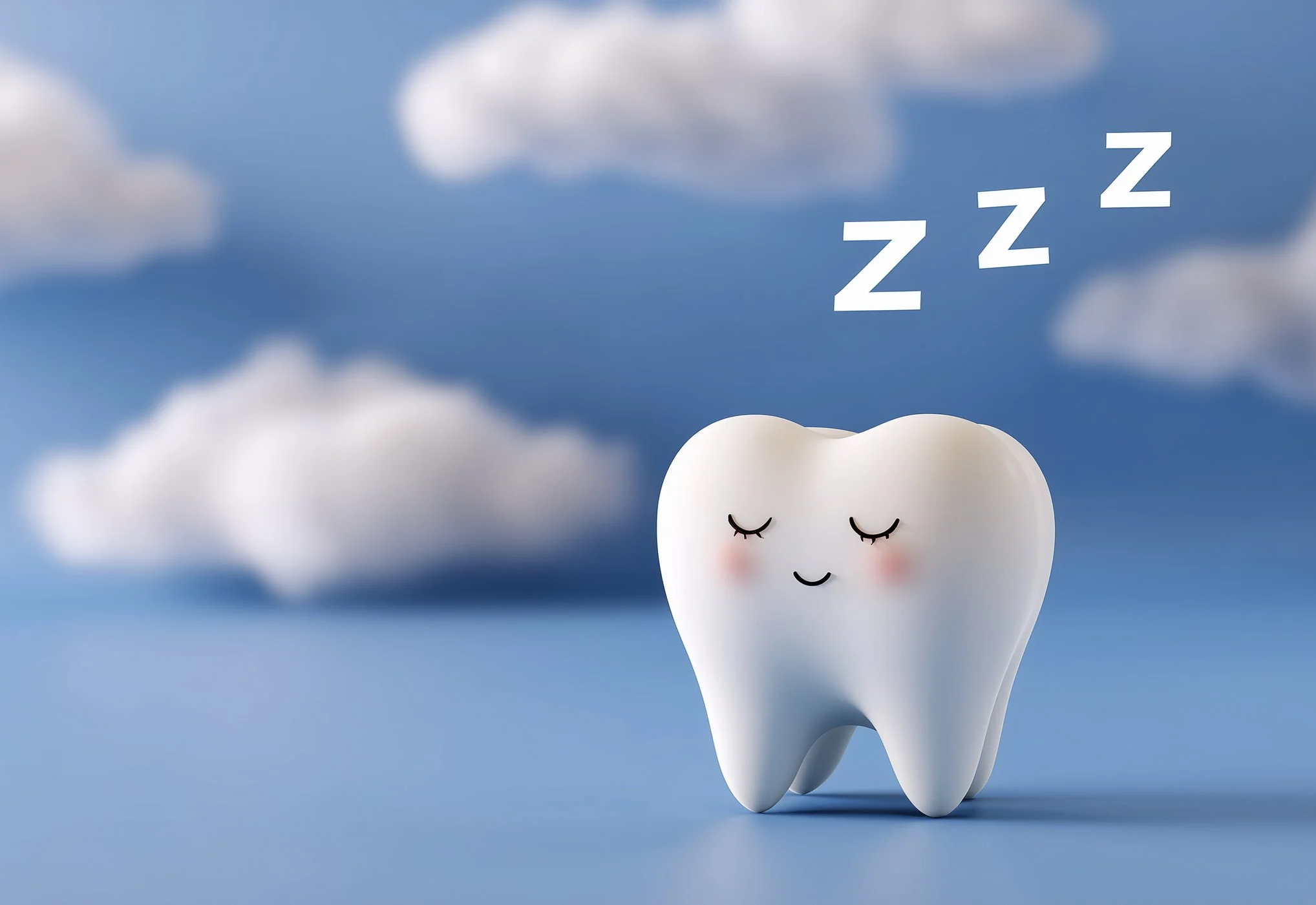 A cartoon-style tooth with a smiling face, closed eyes, and pink cheeks, standing against a blue background with clouds and 'zzz' symbols indicating sleep.