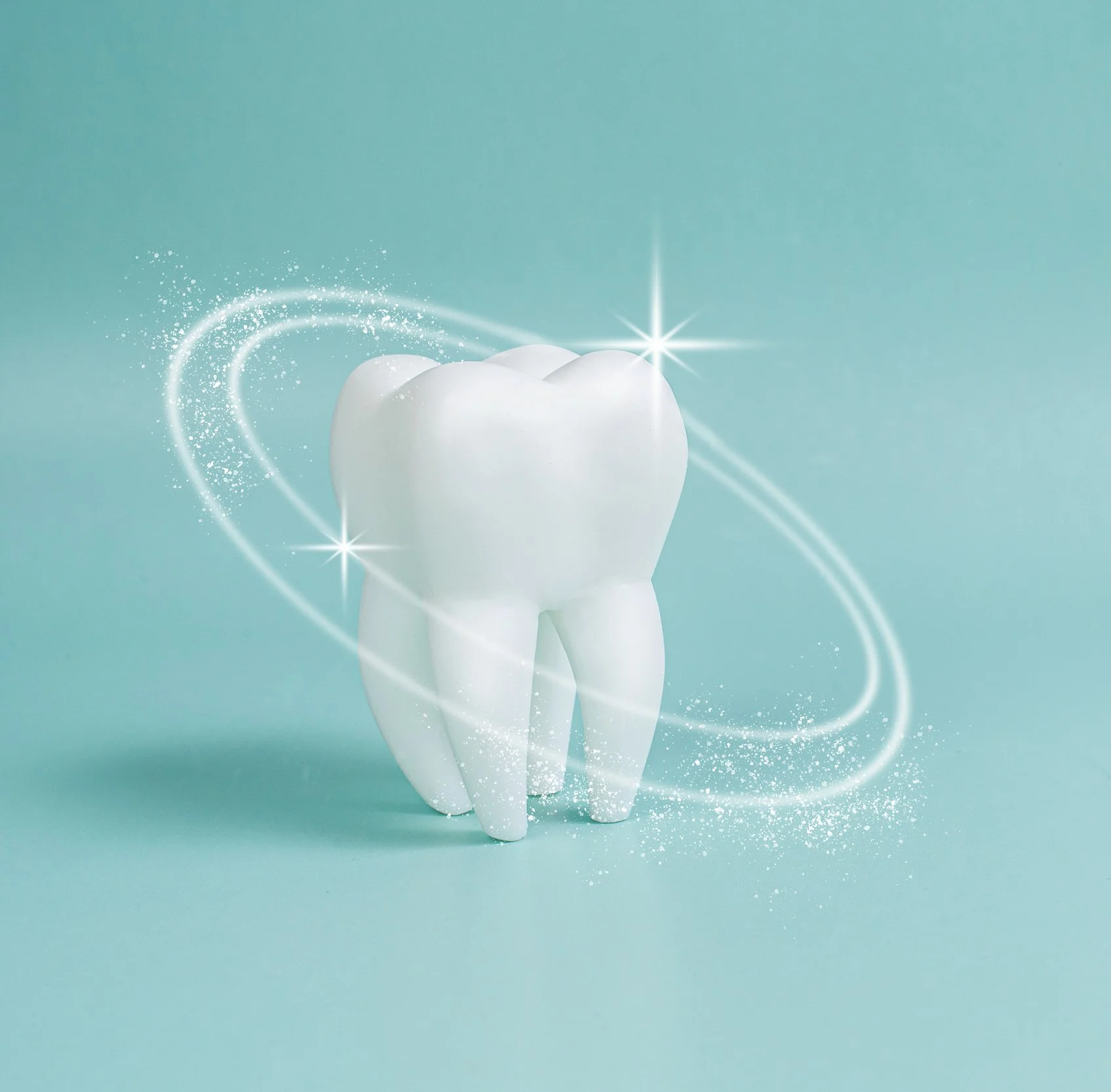 A 3D-rendered model of a large white tooth with sparkles and swirling light effects against a light blue background.