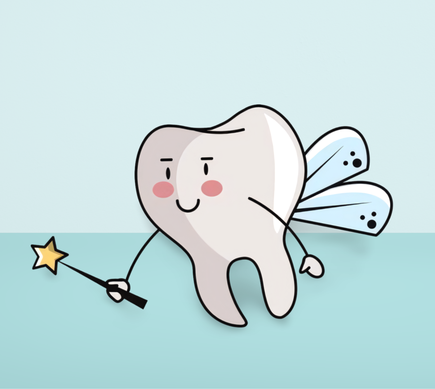 Cute cartoon tooth with fairy wings, holding a magic wand with a star, smiling, with a blush on cheeks, set against a light blue background.
