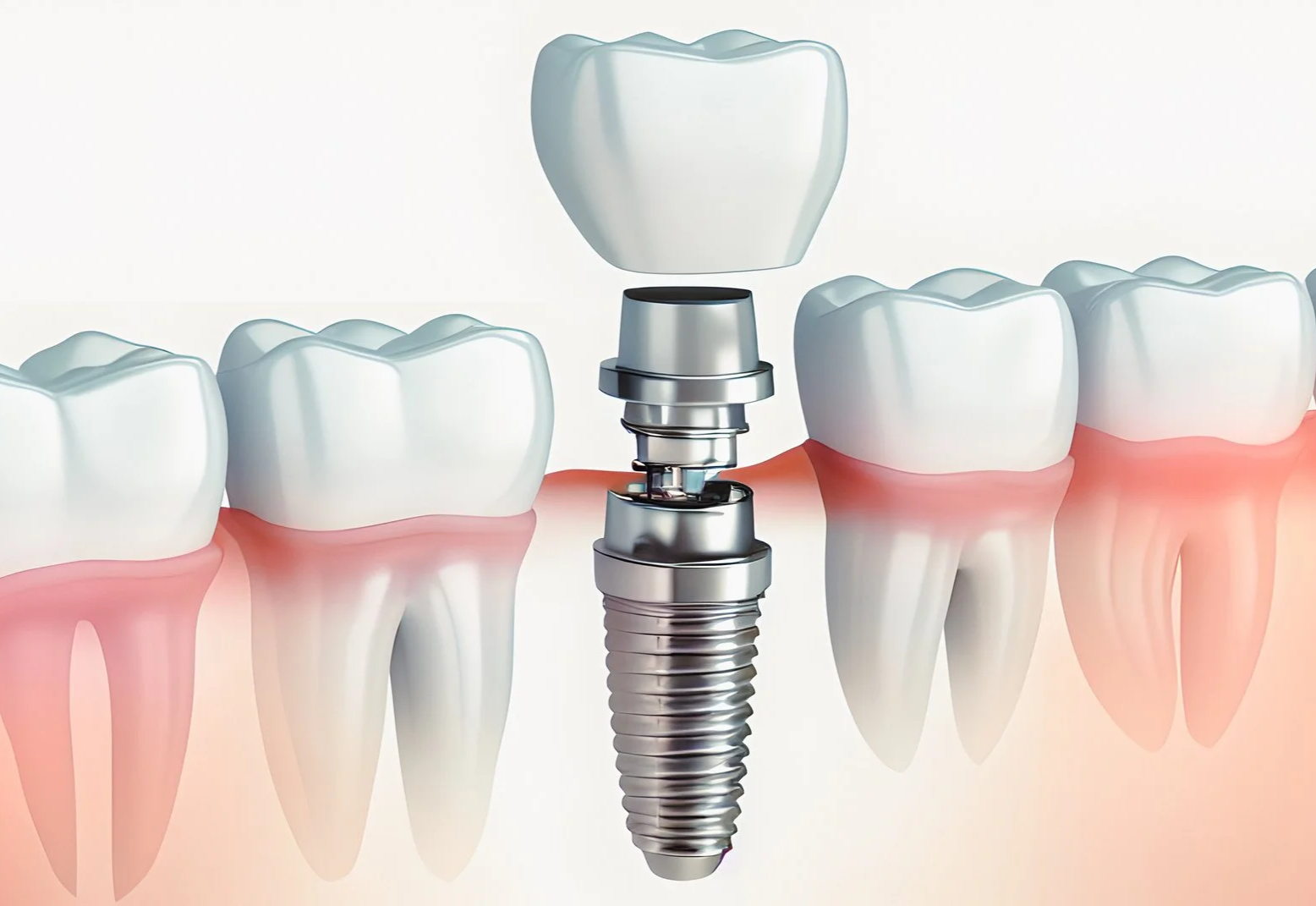 Illustration of a dental implant with a titanium screw and a porcelain crown set among natural teeth.