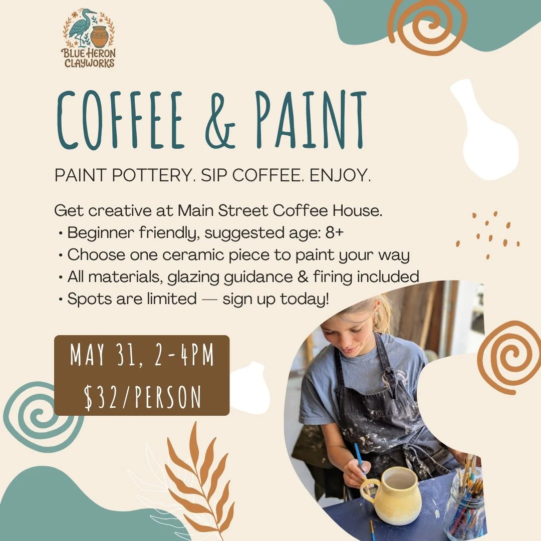 Our next Coffee &amp; Paint is on Sunday, May 31st, and I hope YOU can join us! You'll get to choose a mug, bowl, tumbler, or plate to paint in your own unique style. Sign up quick before it fills up! Link is in the bio.