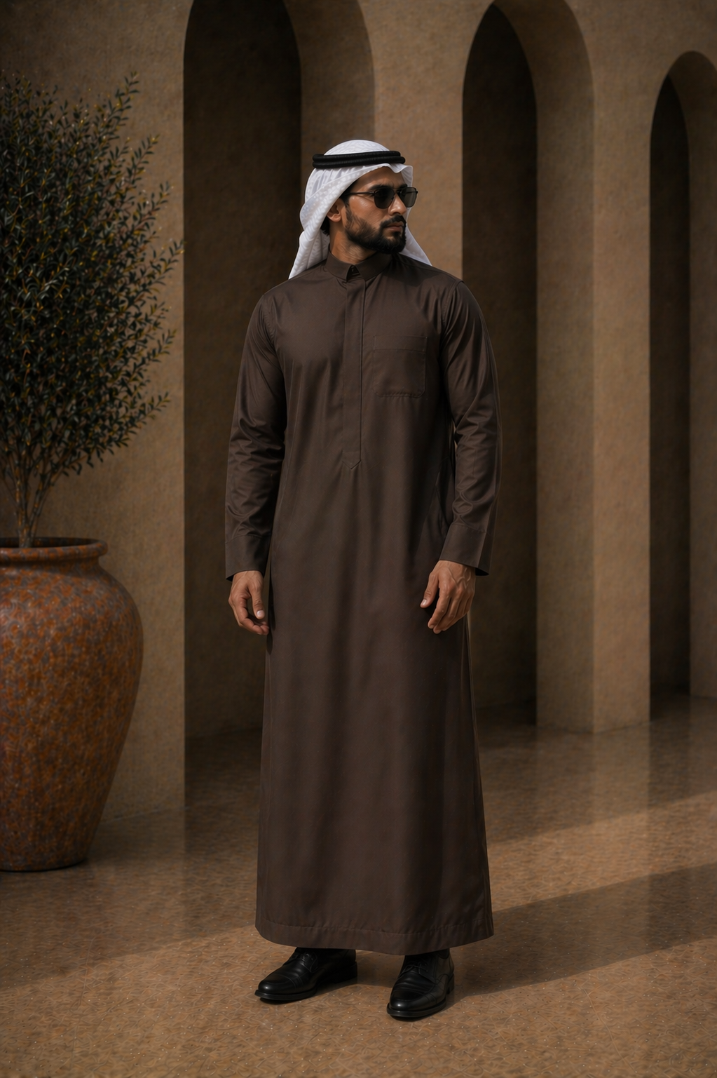 Razeen Tie Collar Thobe (Deep Mocha)