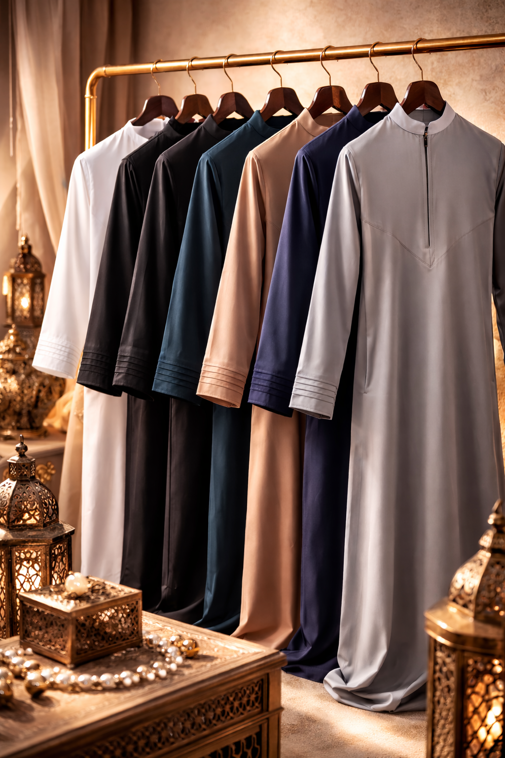 Six thobe garments hanging on a rack, each in different colors including white, black, dark blue, beige, navy, and light gray, with ornate golden lanterns and decorative items in the background.