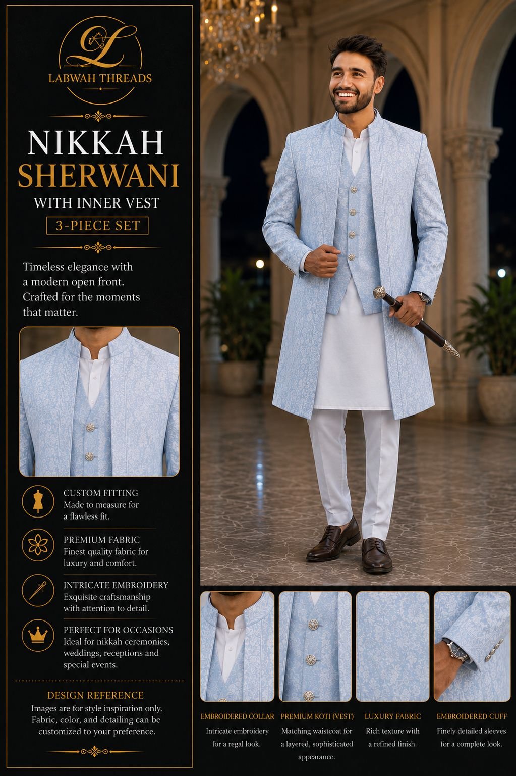 Open Sherwani with Kurta Pajama (optional vest)
