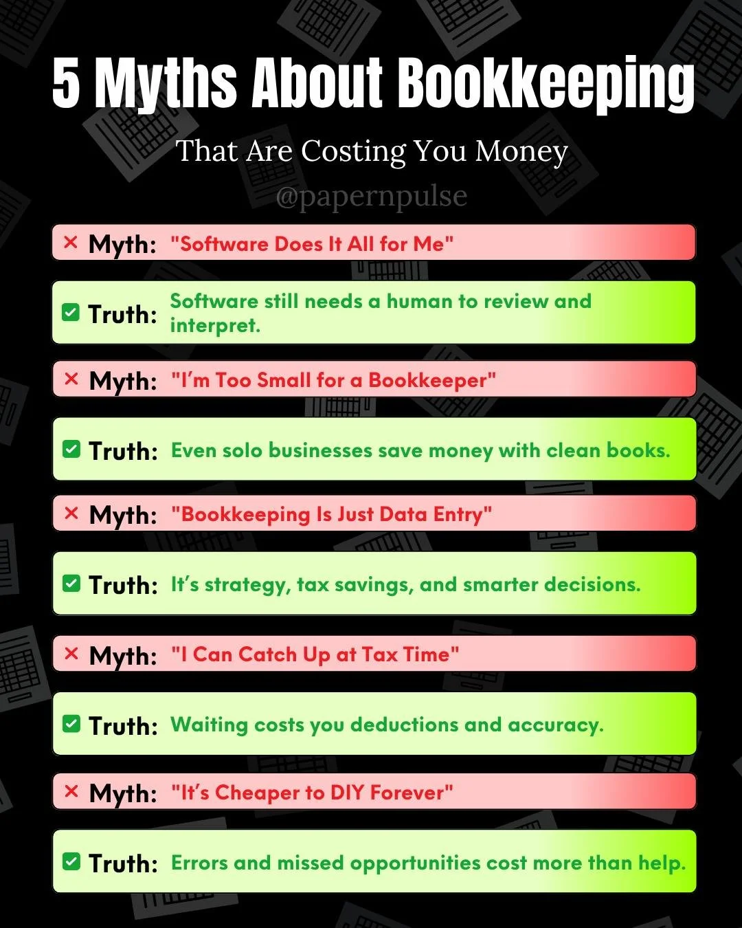 Every myth you believe about bookkeeping is costing you money. Here’s the truth... clean books = more deductions, better decisions, and stronger profits. 💡 If your system is built on myths, you’re leaving cash on the table.
.
#Bookkeepin