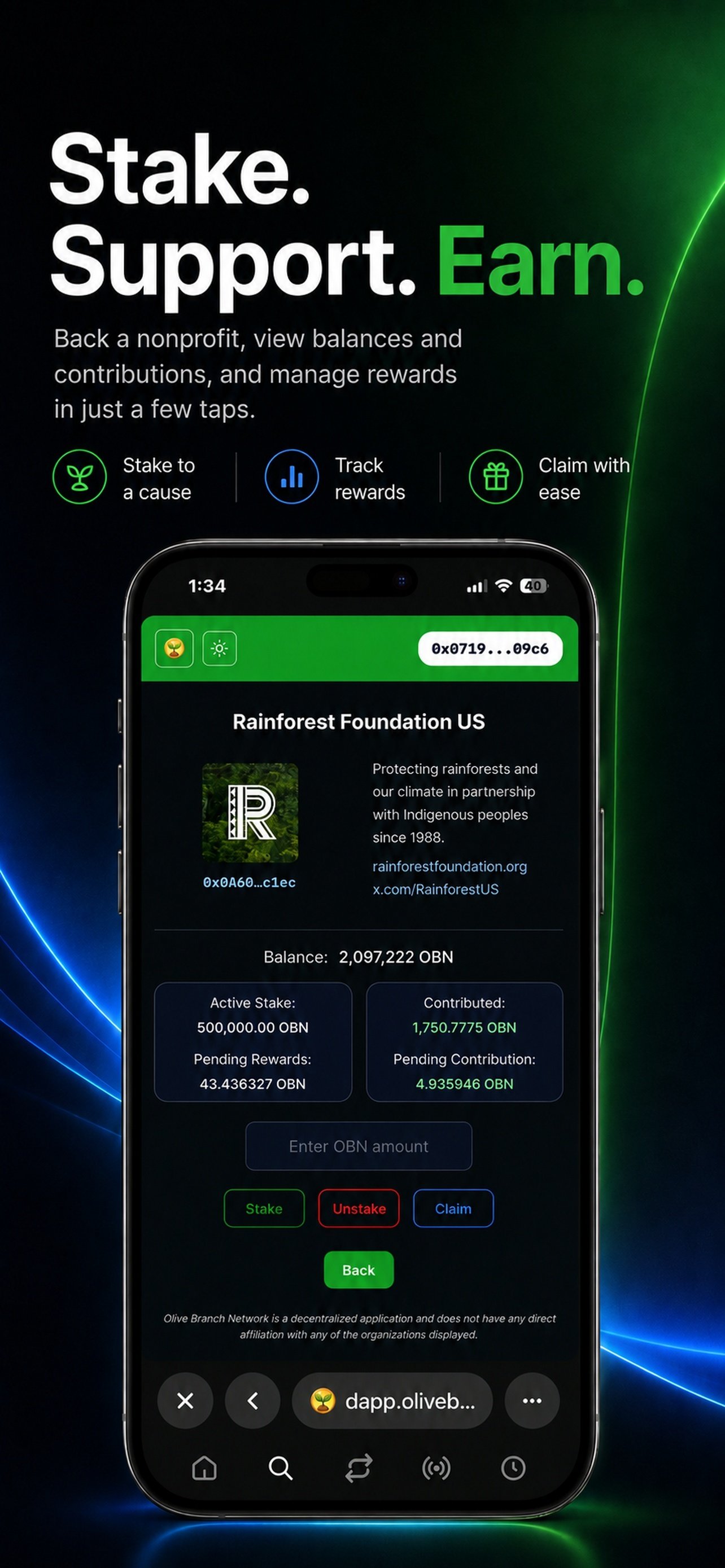 Mobile phone screen displaying a nonprofit organization dashboard with options to stake, unstake, and claim rewards in a cryptocurrency app, with a background of a dark gradient with neon lines.