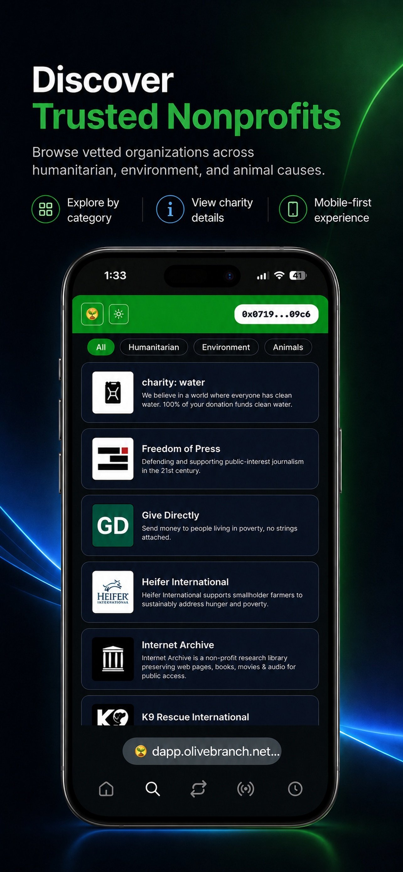 Smartphone screen displaying a nonprofit organization app with categories like humanitarian, environment, and animals, featuring donation options and descriptions for various charities.