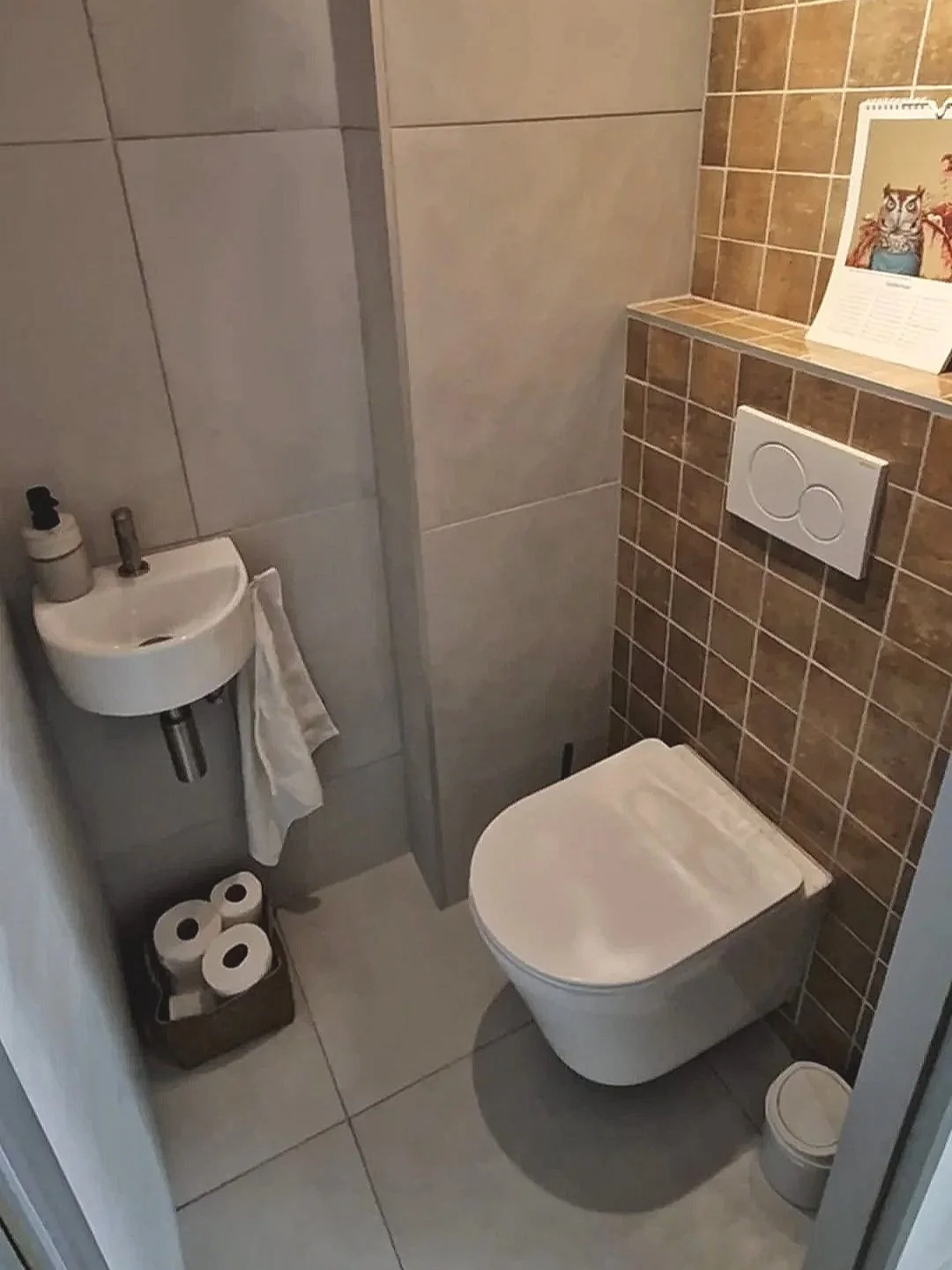 Een kleine badkamer met een hangende toilet, een klein wasbakje met handdoek en drie rollen toiletpapier, een muur met bruine tegels en een nis met een boek en decoratie.