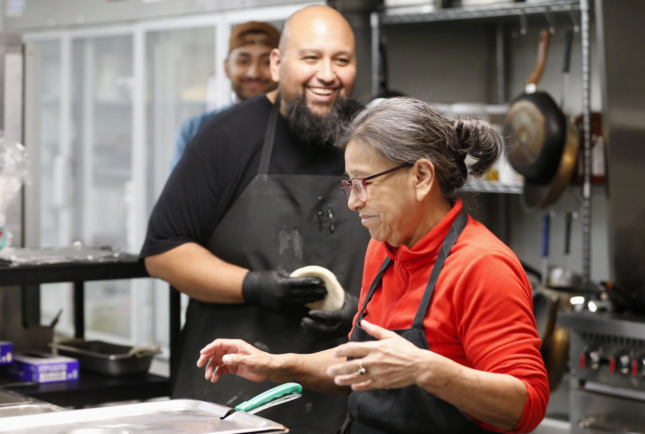 Lubbock, TX, USA; (front) Maria Flores, Mark Jimenez and Marcus Jimenez reacts to the news of Jimenez Tortilleria y Taqueria being named one of the USA TODAY Restaurant of the Year final nominees on Nov. 6, 2024 in Lubbock, TX.