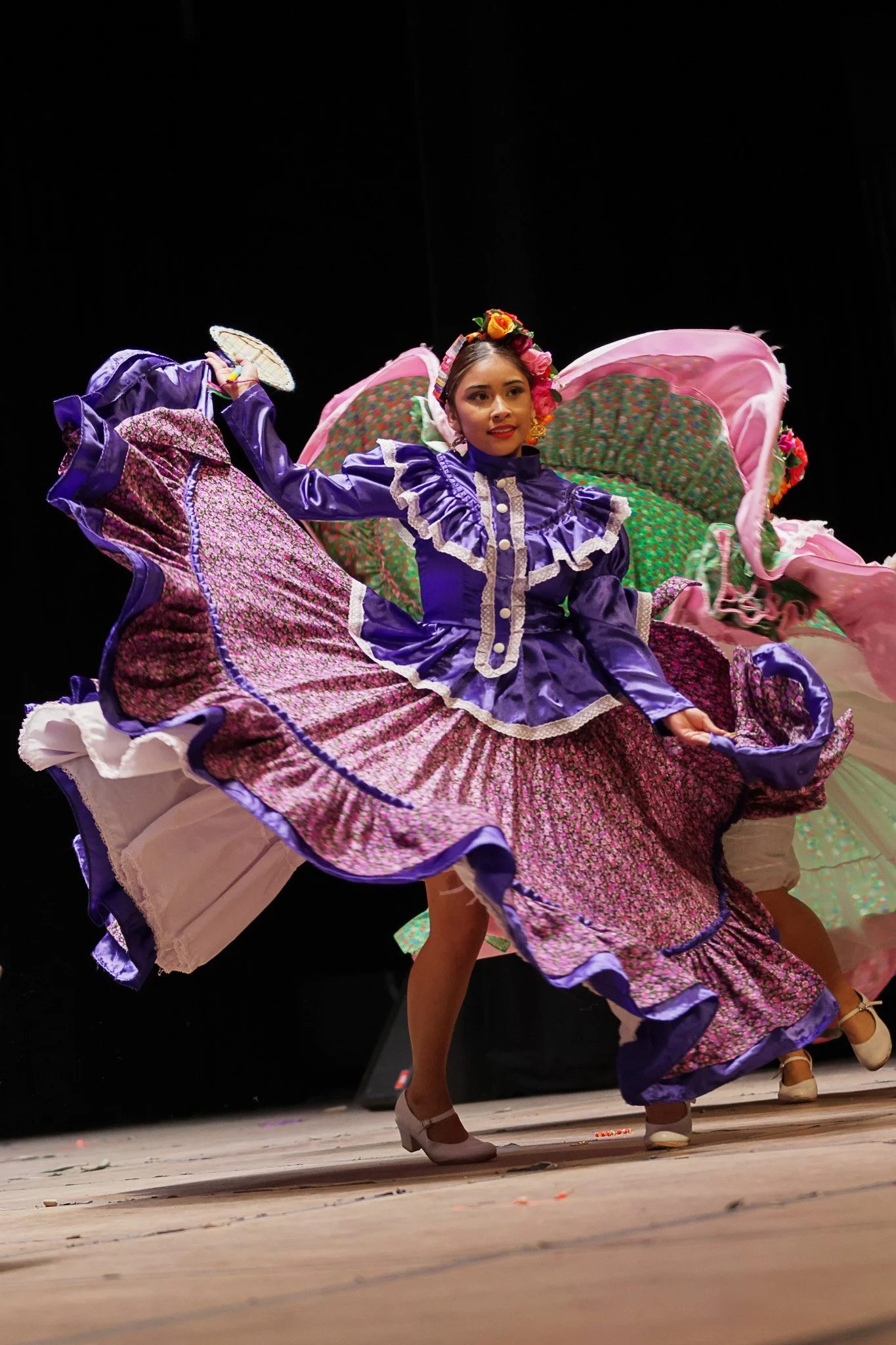 A student dancer from Lubbock High School performs traditional dances from Nayarit, Mexico, during the children's ballet folklorico competition at the 30th annual Viva Aztlán Festival on Saturday, March 14, 2026 in Lubbock, Texas.