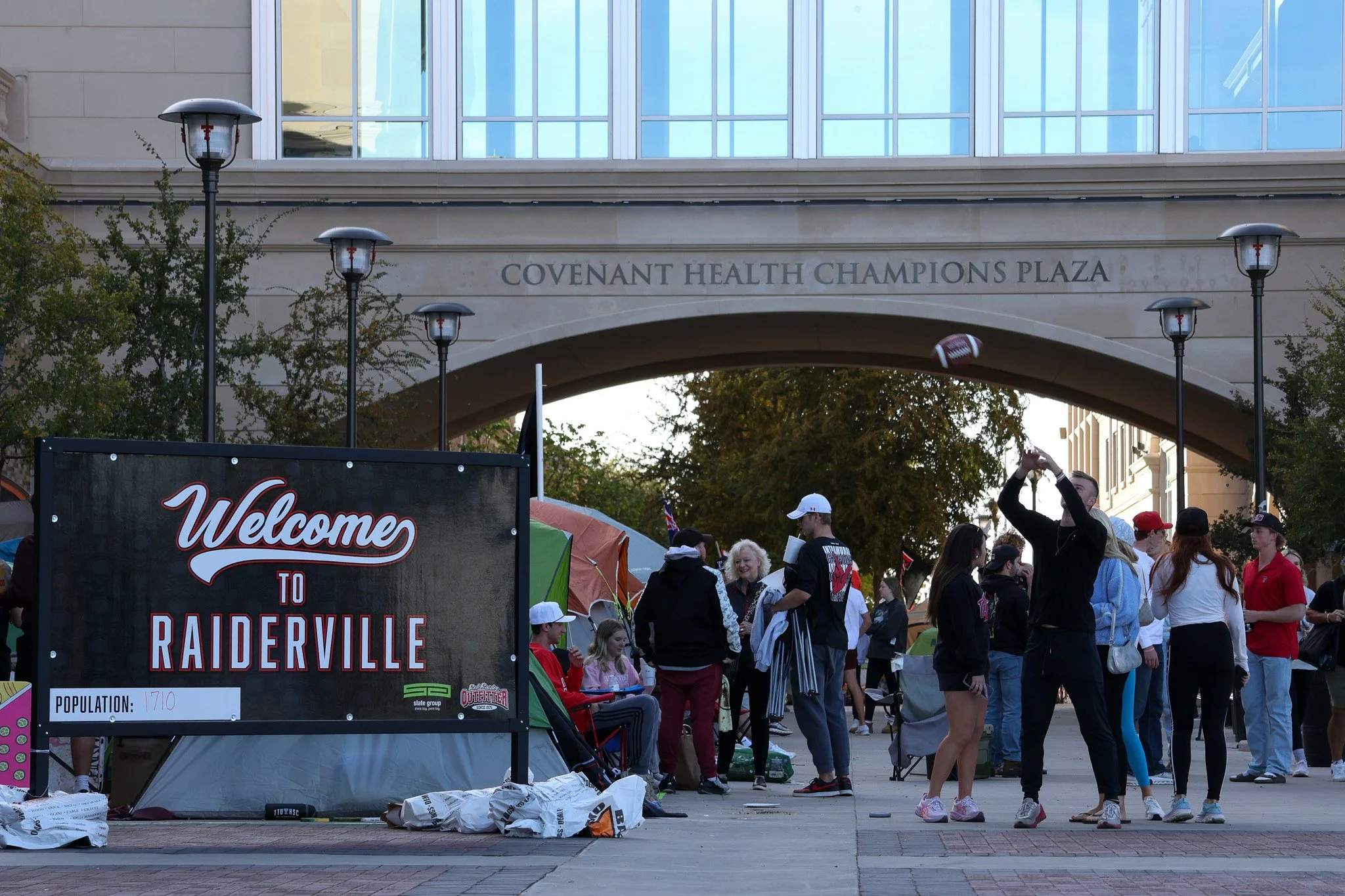 Texas Tech students gather and camp out at the South side of Jones AT&T Stadium on Nov. 5, 2025 in Lubbock, Texas. Students are camping out in anticipation of the Red Raiders v. BYU Cougars football game on Saturday.