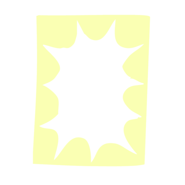Bright yellow rectangular card with a black comic-style explosion shape cutout in the center.