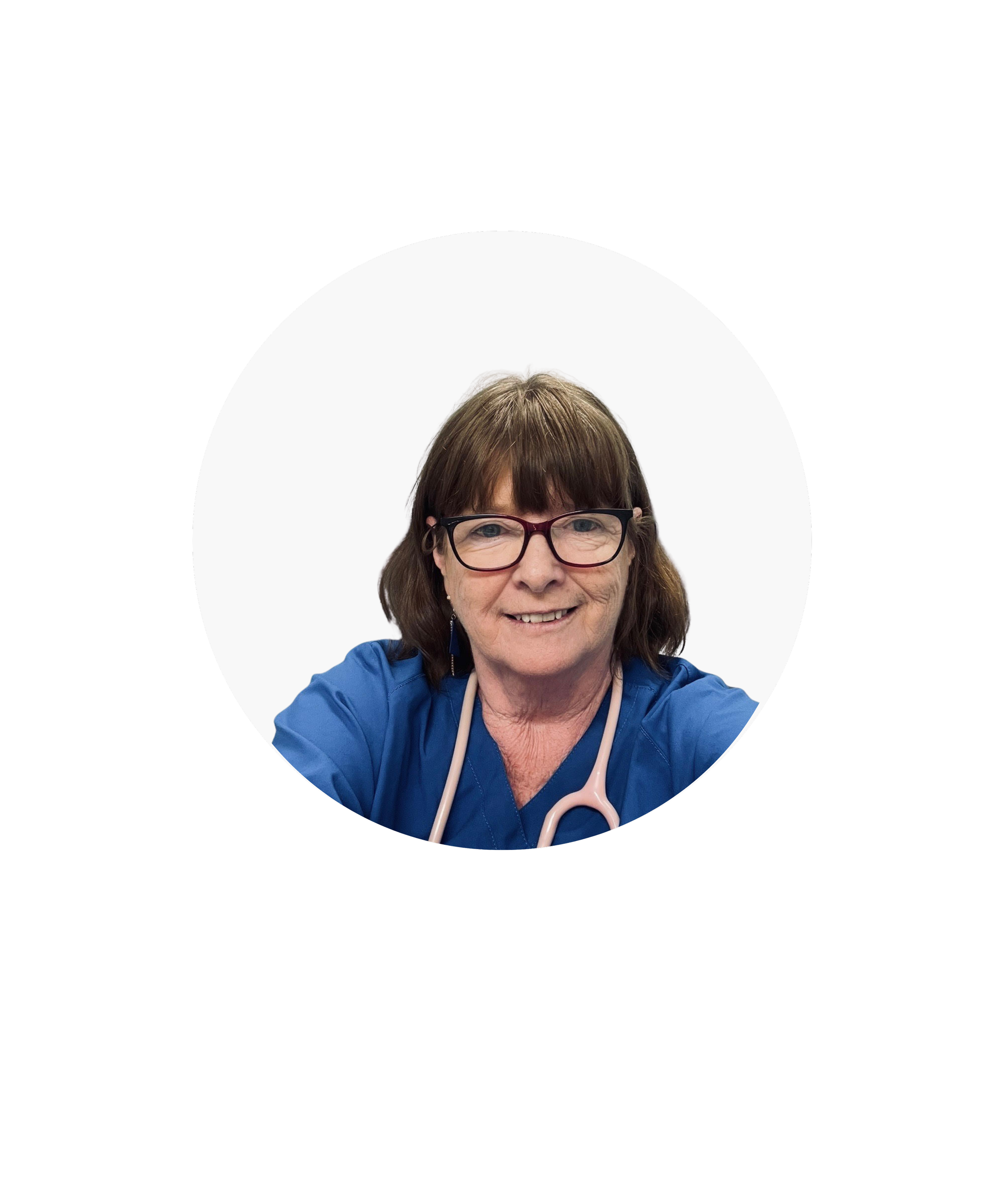 A smiling woman in blue medical scrubs with glasses and a stethoscope around her neck, positioned inside a circular frame against a white background.