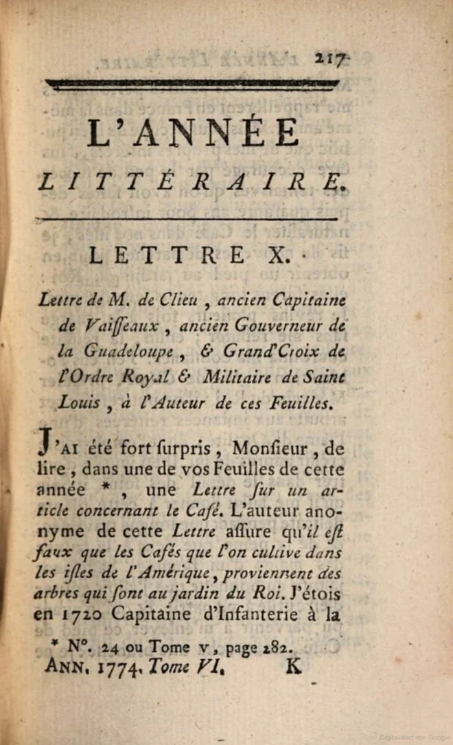 Gabriel de Clieu letter