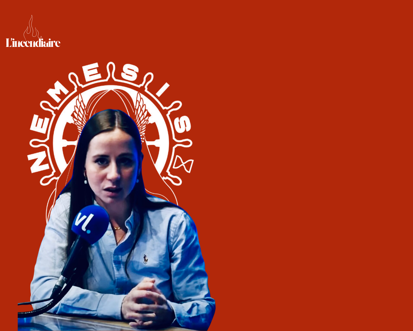 Alice Cordier sur le logo de son association, Némésis, photo provenant d'une vidéo prise durant son intervention à RTL