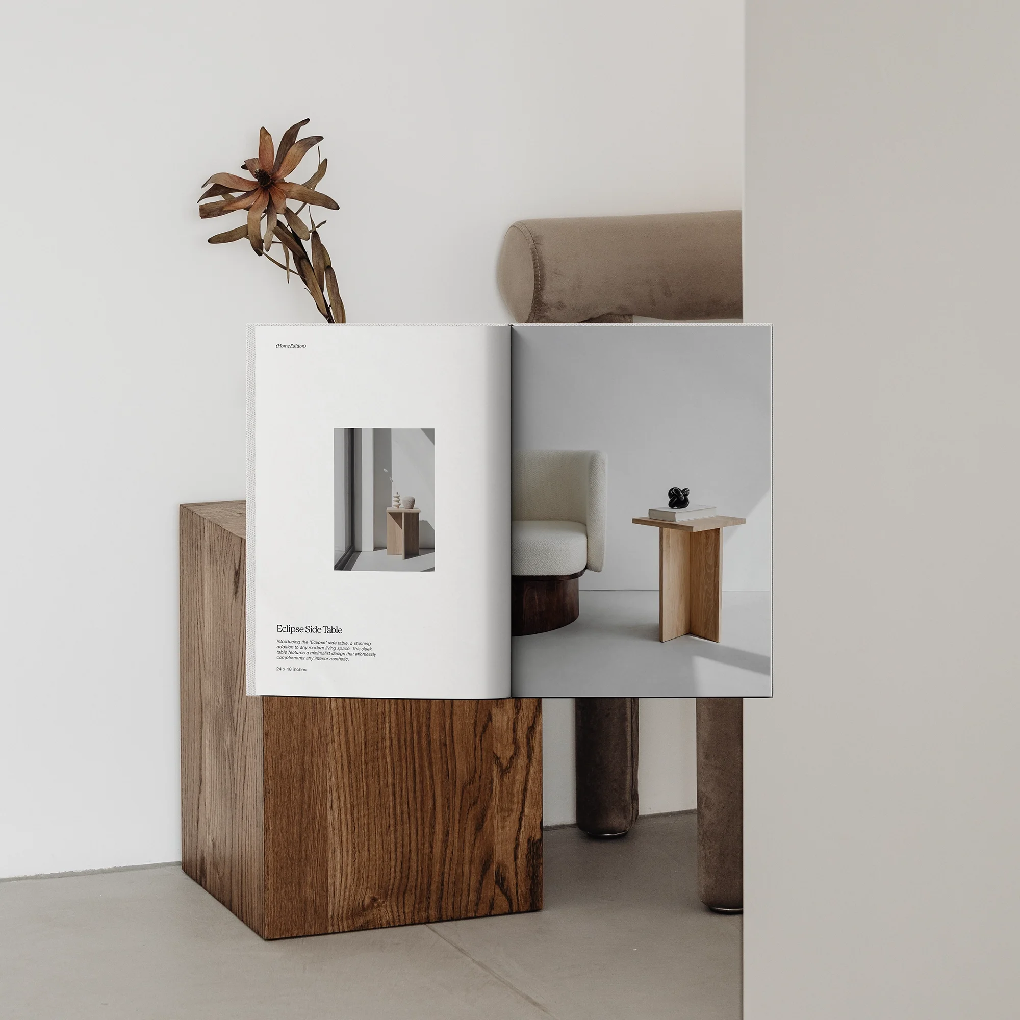 Open Keller magazine spread showcasing the Eclipse Side Table, displayed on a wooden plinth in a styled interior.