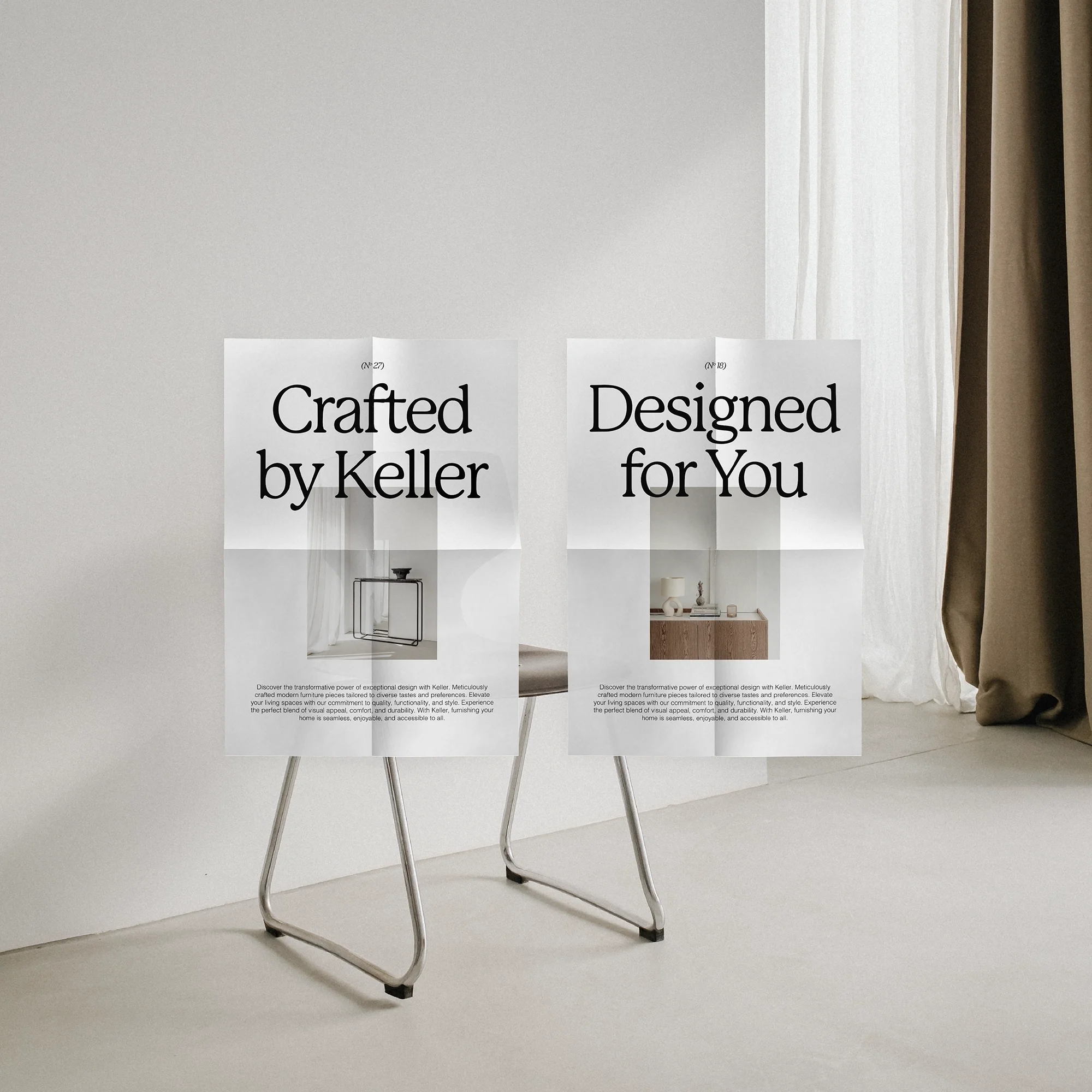 Two Keller furniture brand posters reading 'Crafted by Keller' and 'Designed for You,' displayed on easels in a neutral-toned studio.