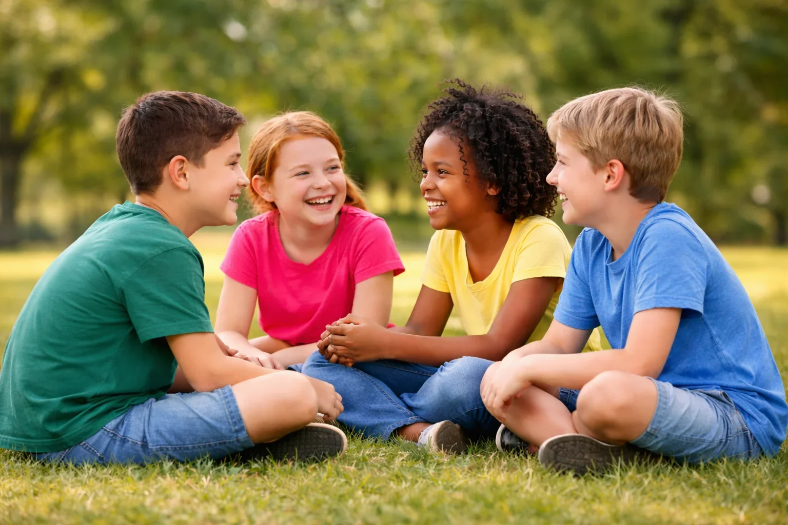 Kids and teens laughing together during speech clarity therapy in South Jersey