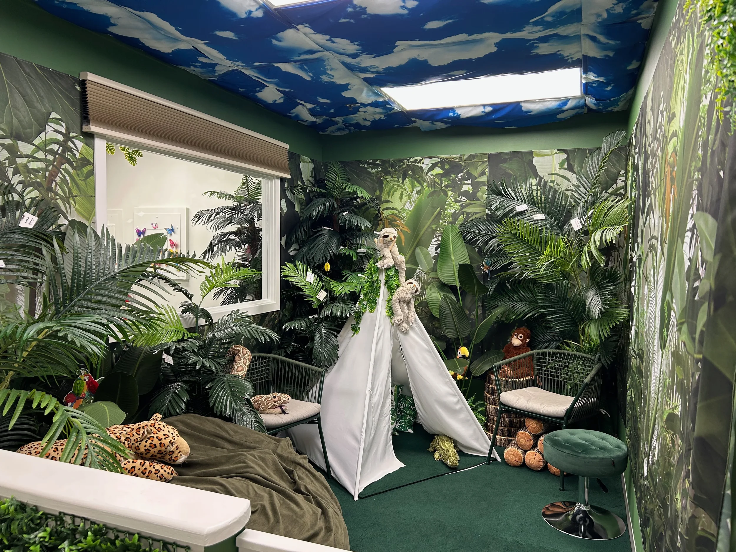 A small indoor jungle-themed play room for play-based speech therapy, social skills groups for ADHD and social skills training for teens with autism near Cherry Hill, Evesham, Mount Laurel, and Moorestown, NJ in South Jersey.