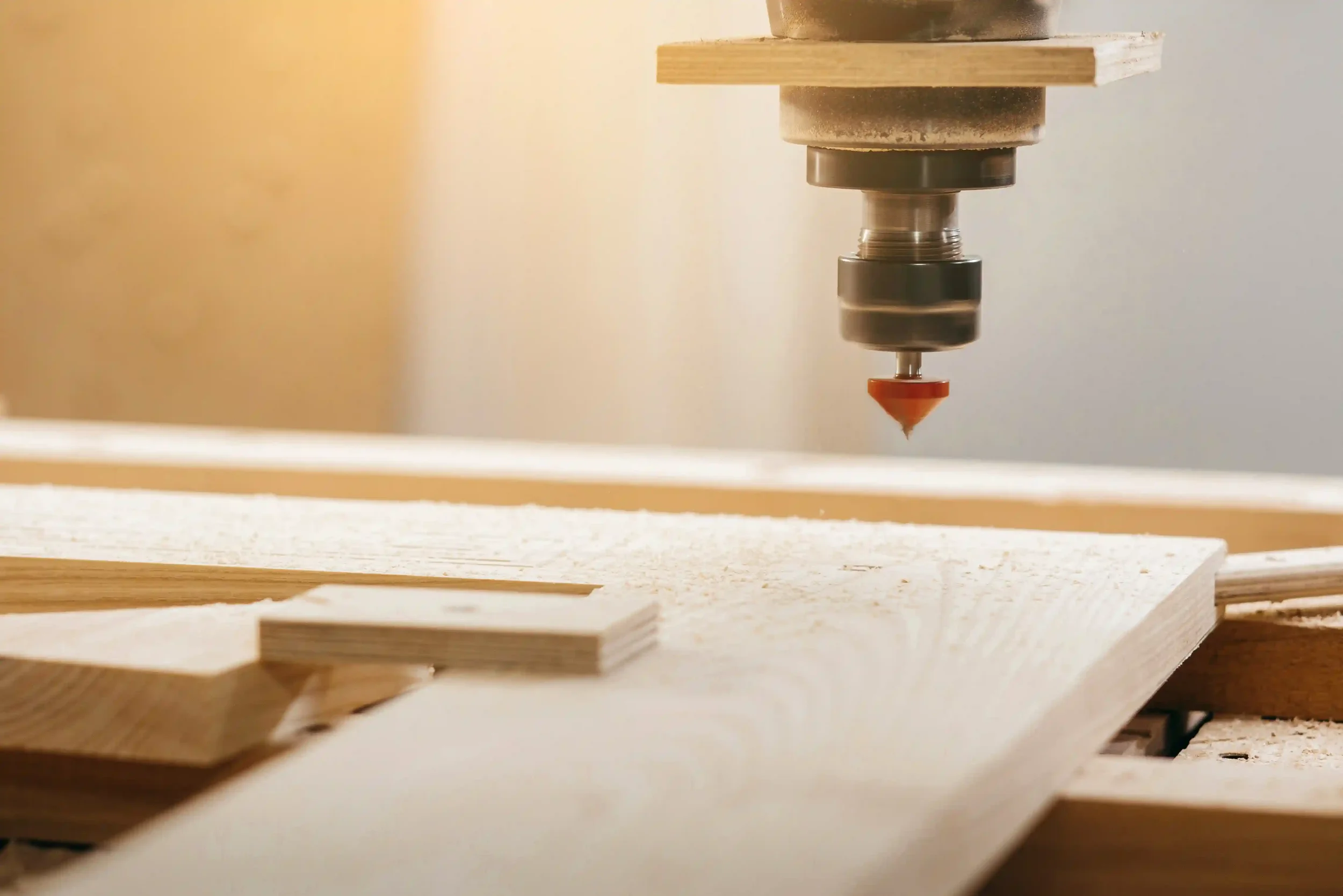 Close-up of cutting wood on a CNC milling machine.