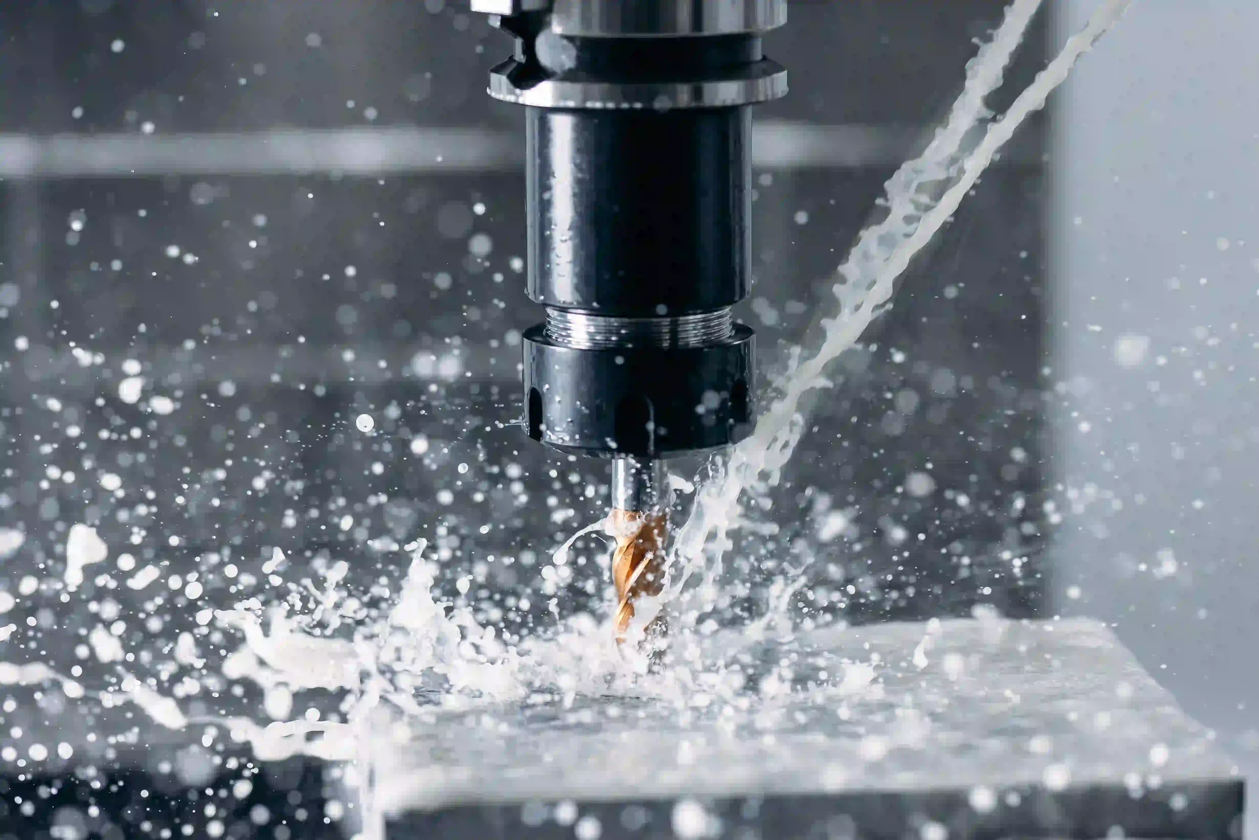Working closeup CNC turning cutting metal Industry machine with splash water.