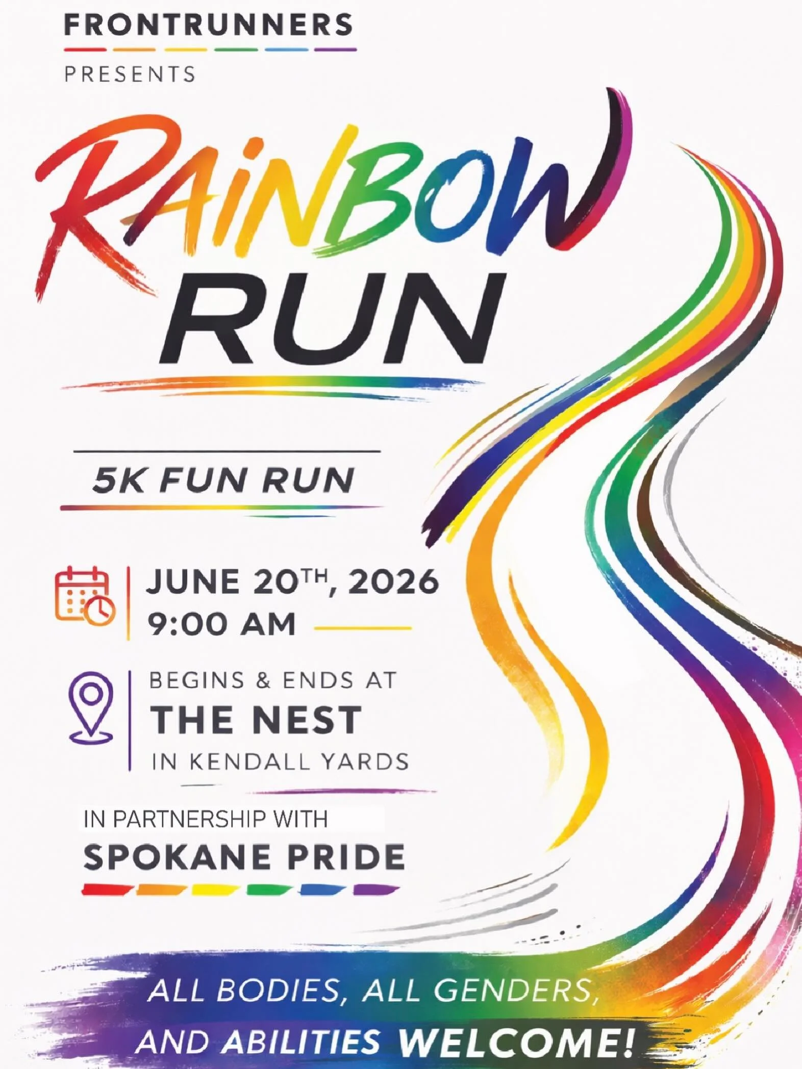 Whether you run, walk, skip, roll, show up in your most colorful gear. Be one of the first 100 to register to get the inaugural finishers medal! Register here to help support queer programing and Spokane Pride.  https://www.zeffy.com/en-US/ticketing/