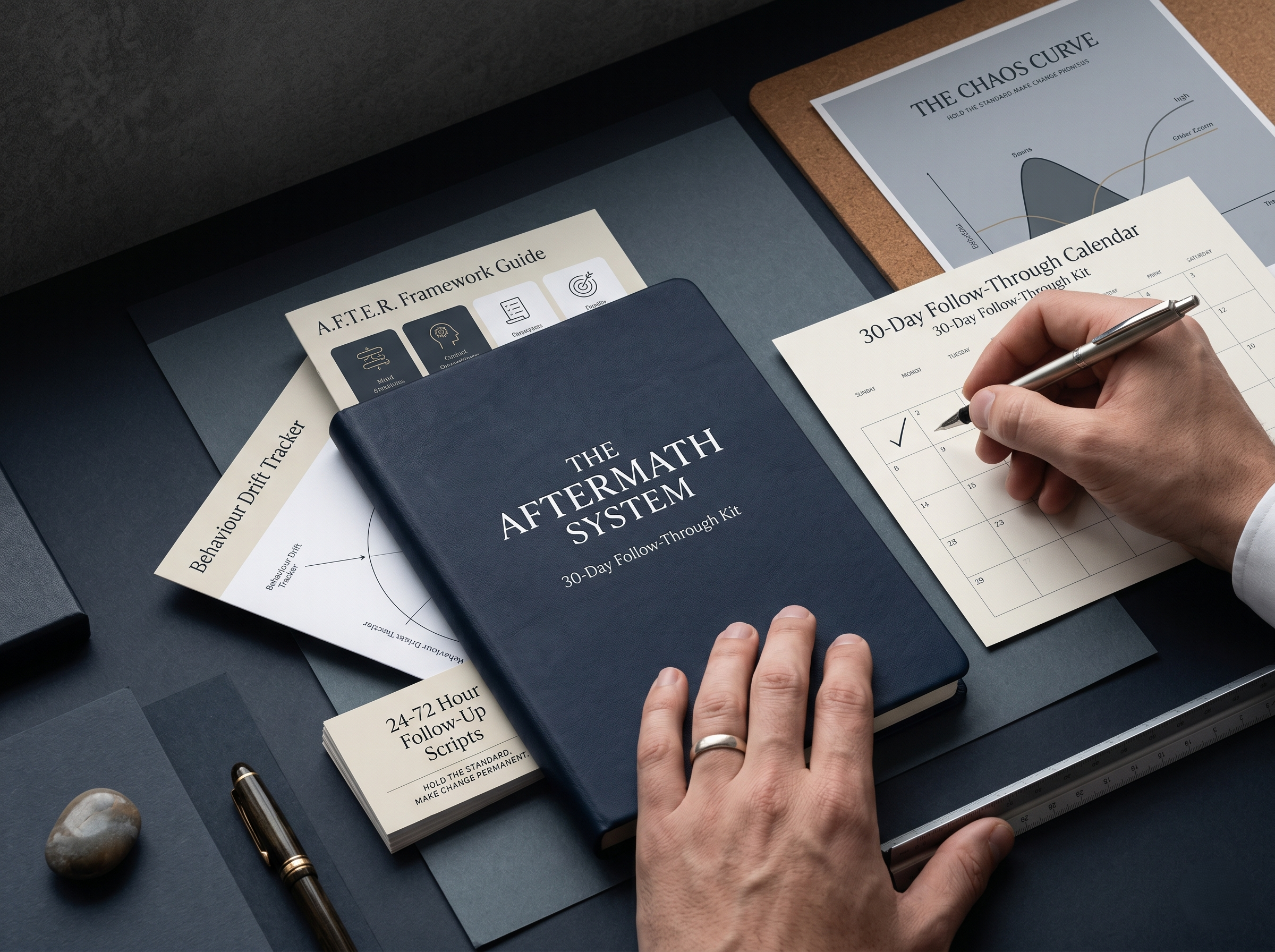 Digital mockup of The Aftermath System, a 30-day leadership follow-through kit for managers after difficult conversations, team resets or workshops.