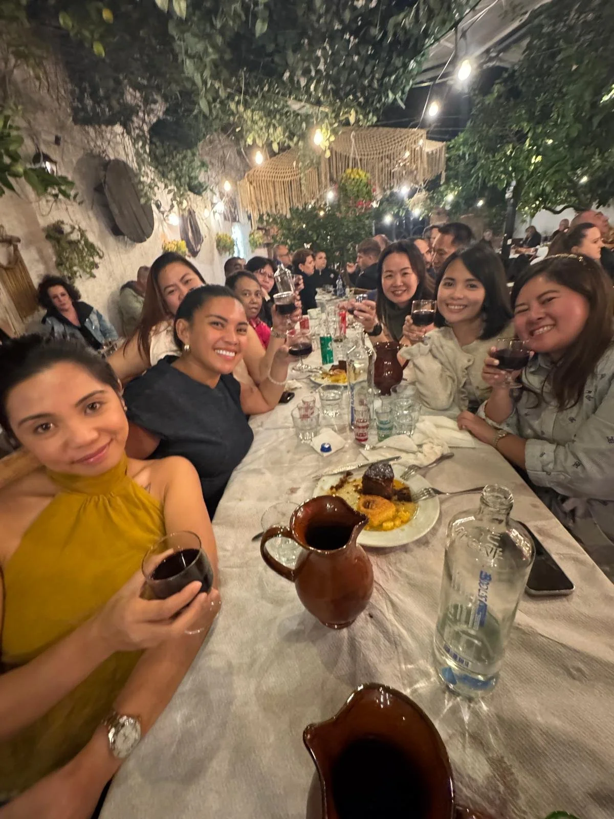 Group of women at a long outdoor dining table, smiling and raising glasses of red wine, under string lights and surrounded by greenery inside Odas Garden in Tirana, Albania.
