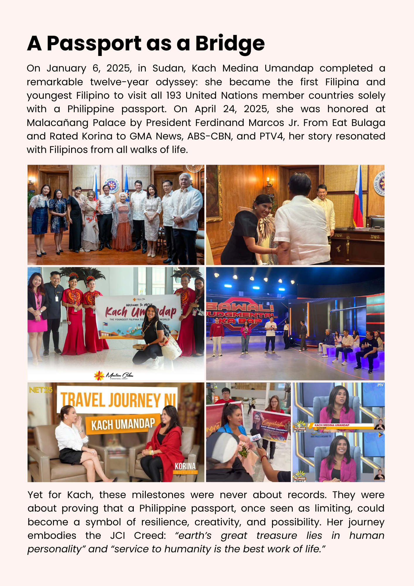 A collage of six images featuring Kach Medina Umandap's milestones, including official events, cultural celebrations, media appearances, and interviews, highlighting her achievements as the first Filipino to visit all 193 UN member countries with a Philippine passport.