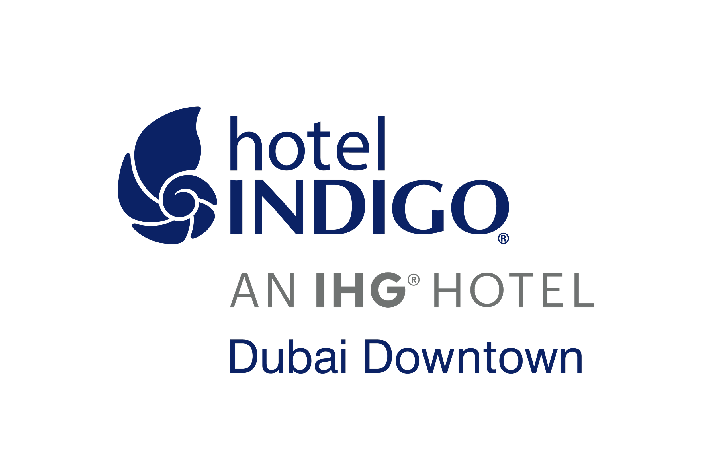 Hotel Indigo logo with a blue shell design, text reading "hotel INDIGO," "AN IHG HOTEL," and "Dubai Downtown" in blue and gray on a black background.