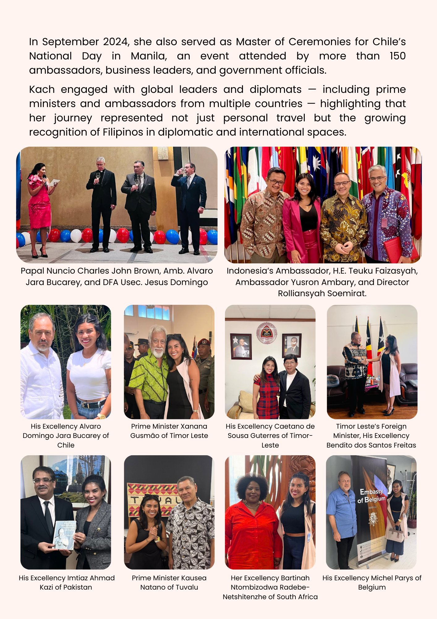 Collage of photographs showing Filipino and international diplomats and leaders at events, including a speech, group photos, and official meetings, with flags and formal attire.