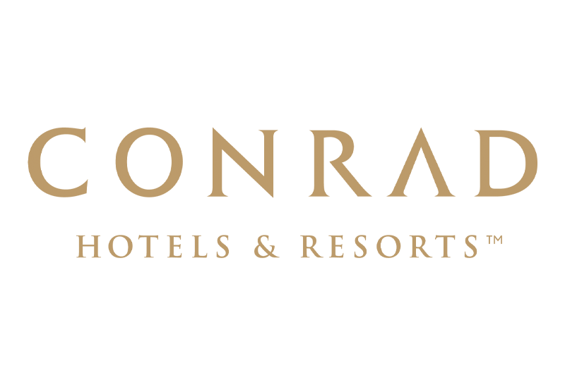 Conrad Hotels & Resorts logo in beige text on black background.