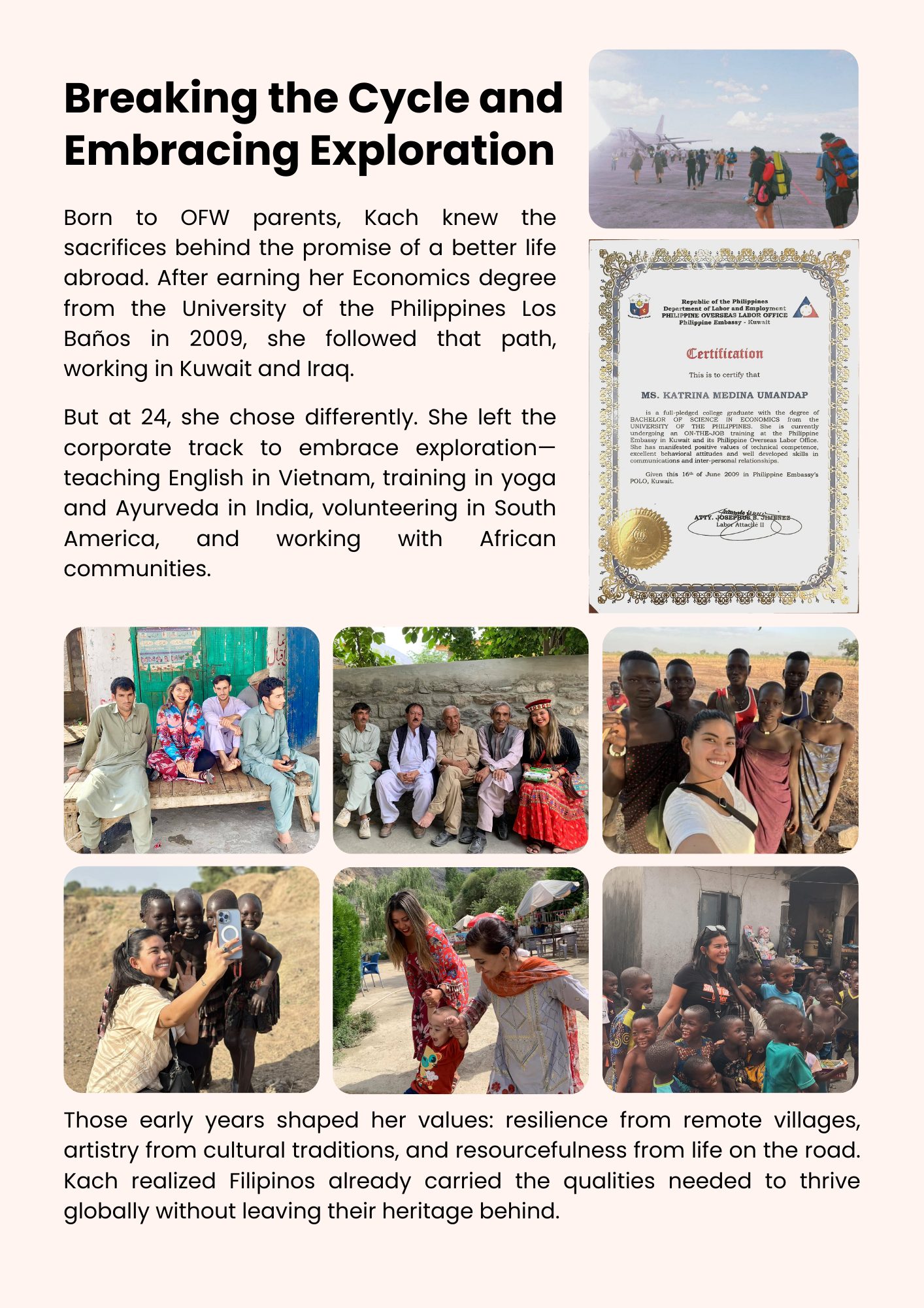 A collage of photos showing a woman working with African communities, a plane, a certificate, and people in rural settings, illustrating her exploration and cultural engagement in remote villages.