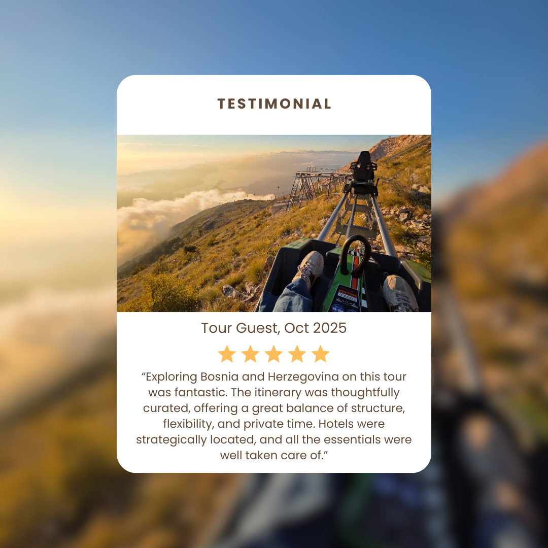 Travel testimonial card with a scenic mountain view, roller coaster ride, and sunset. Text includes 'Testimonial, Tour Guest, Oct 2025' and a five-star rating with a quote about exploring Bosnia and Herzegovina.