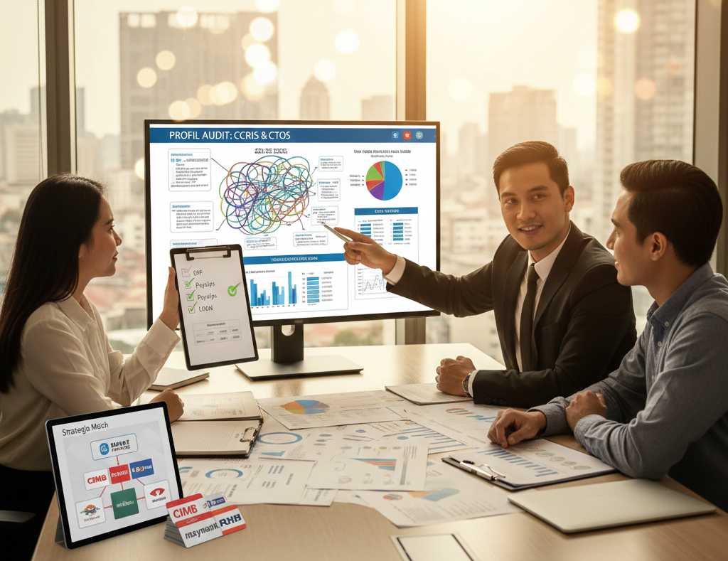 Advisor explaining a CCRIS and CTOS profile audit on a screen during a meeting