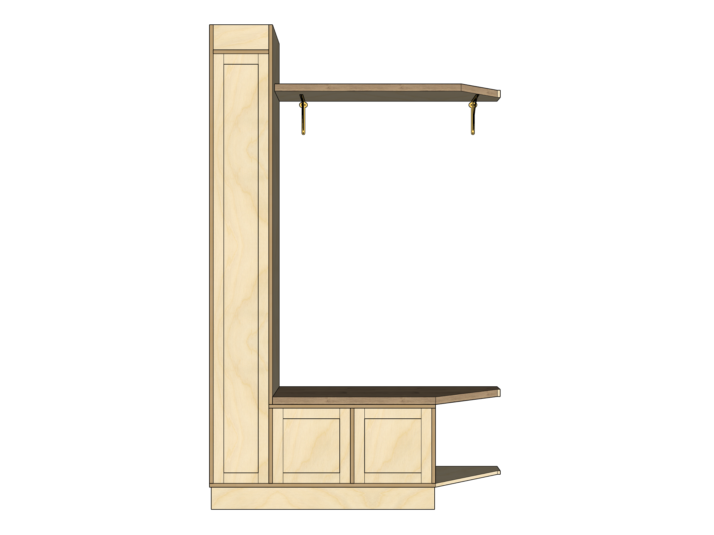 Wooden carcass of a bespoke built-in cloakroom and entryway storage unit with bench, shelving and integrated shoe storage.