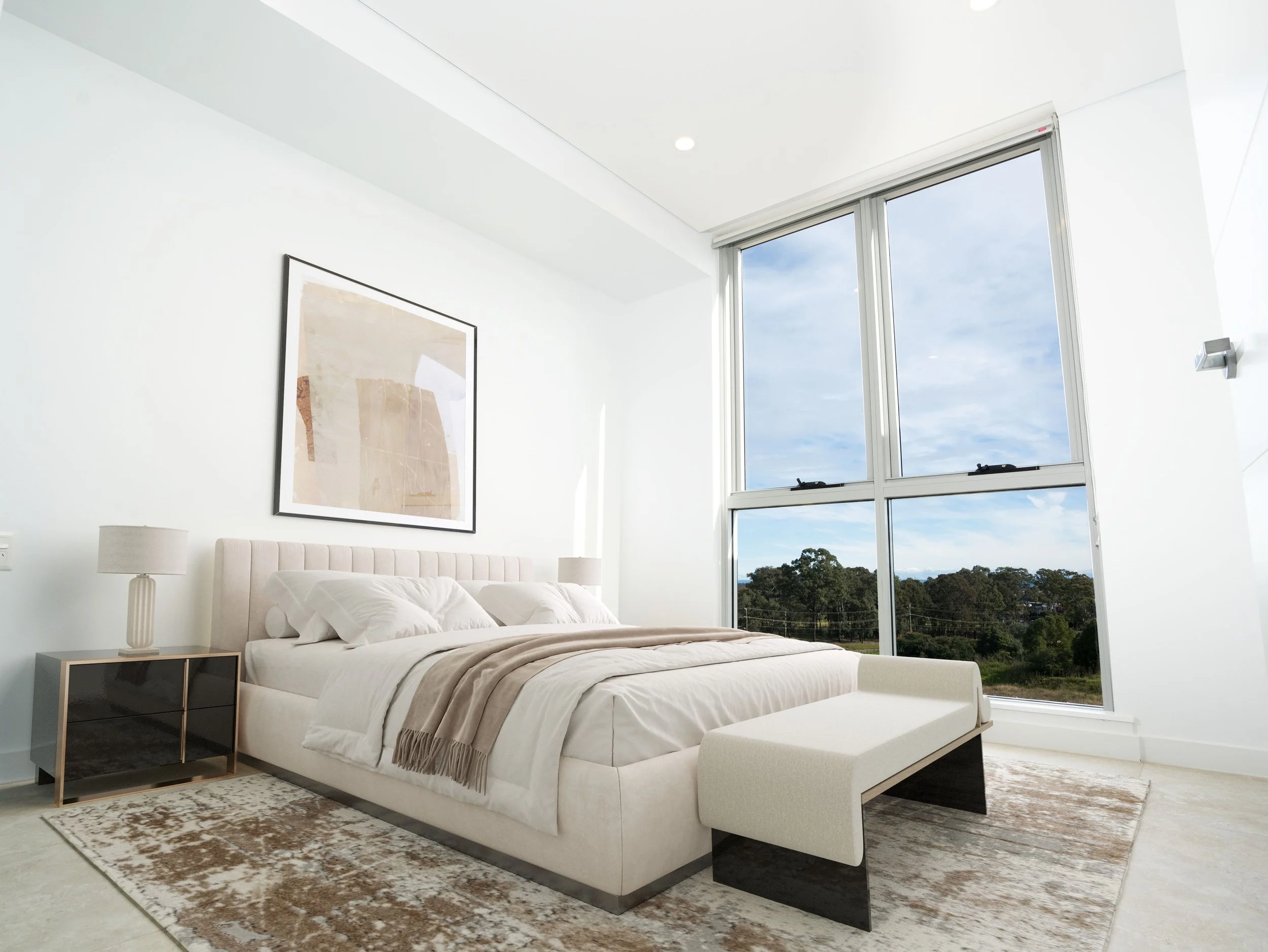 Bedroom with king sized bed and big window