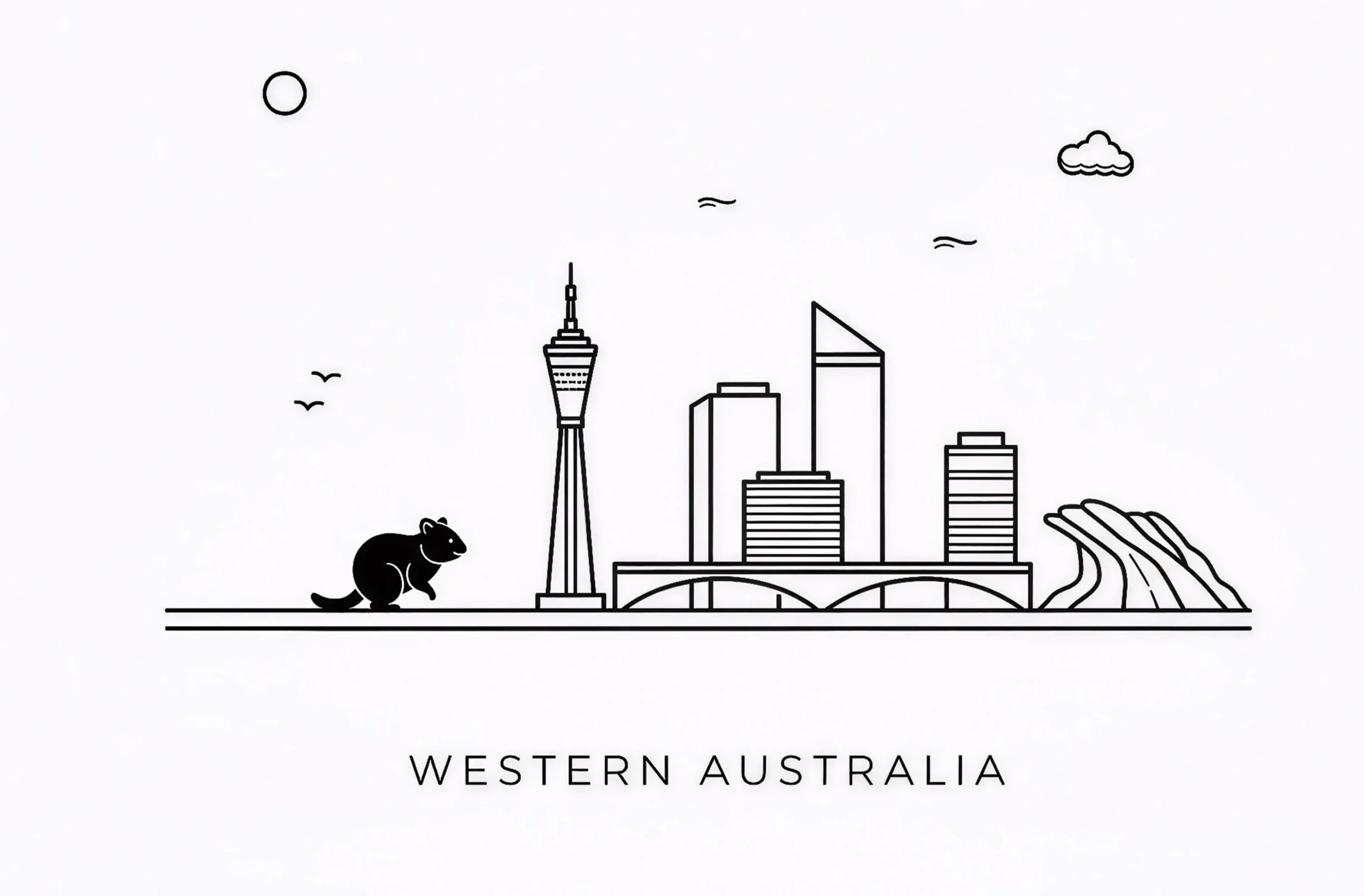 Line drawing of Western Australia skyline with city buildings, a bridge, mountains, a koala, birds, a cloud, the sun, and the text 'Western Australia' at the bottom.
