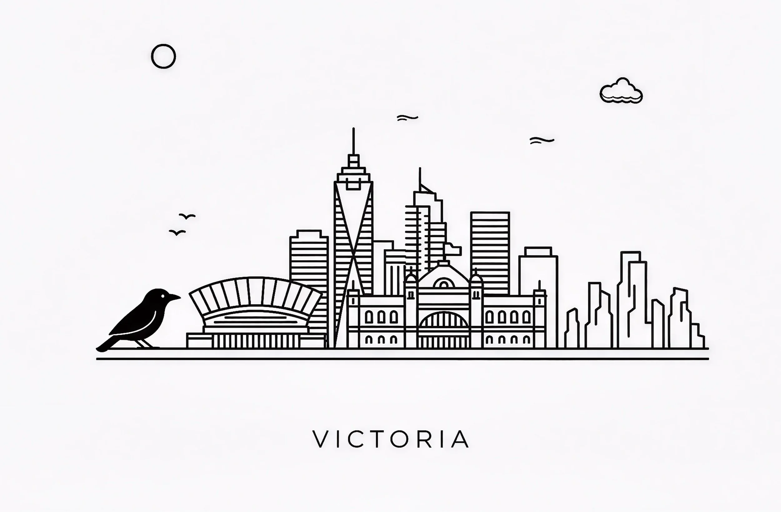 Line drawing of the Victoria city skyline featuring notable buildings, a bird in the foreground, clouds, and the sun, with the word 'Victoria' underneath.