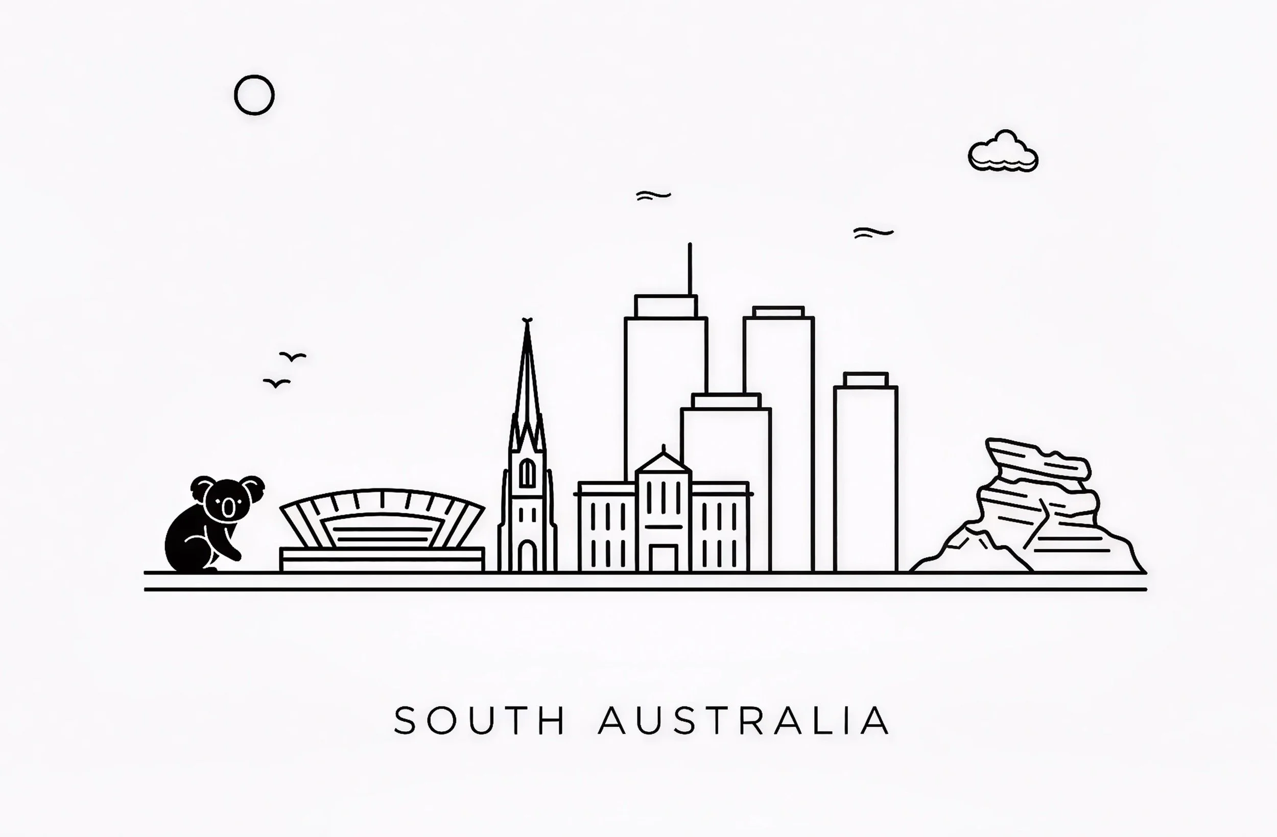 Minimalist black and white line drawing of the Sydney skyline including the Sydney Opera House, a church, and skyscrapers, with a koala on the ground, birds, clouds, the sun, and a rock formation, labeled 'South Australia'.