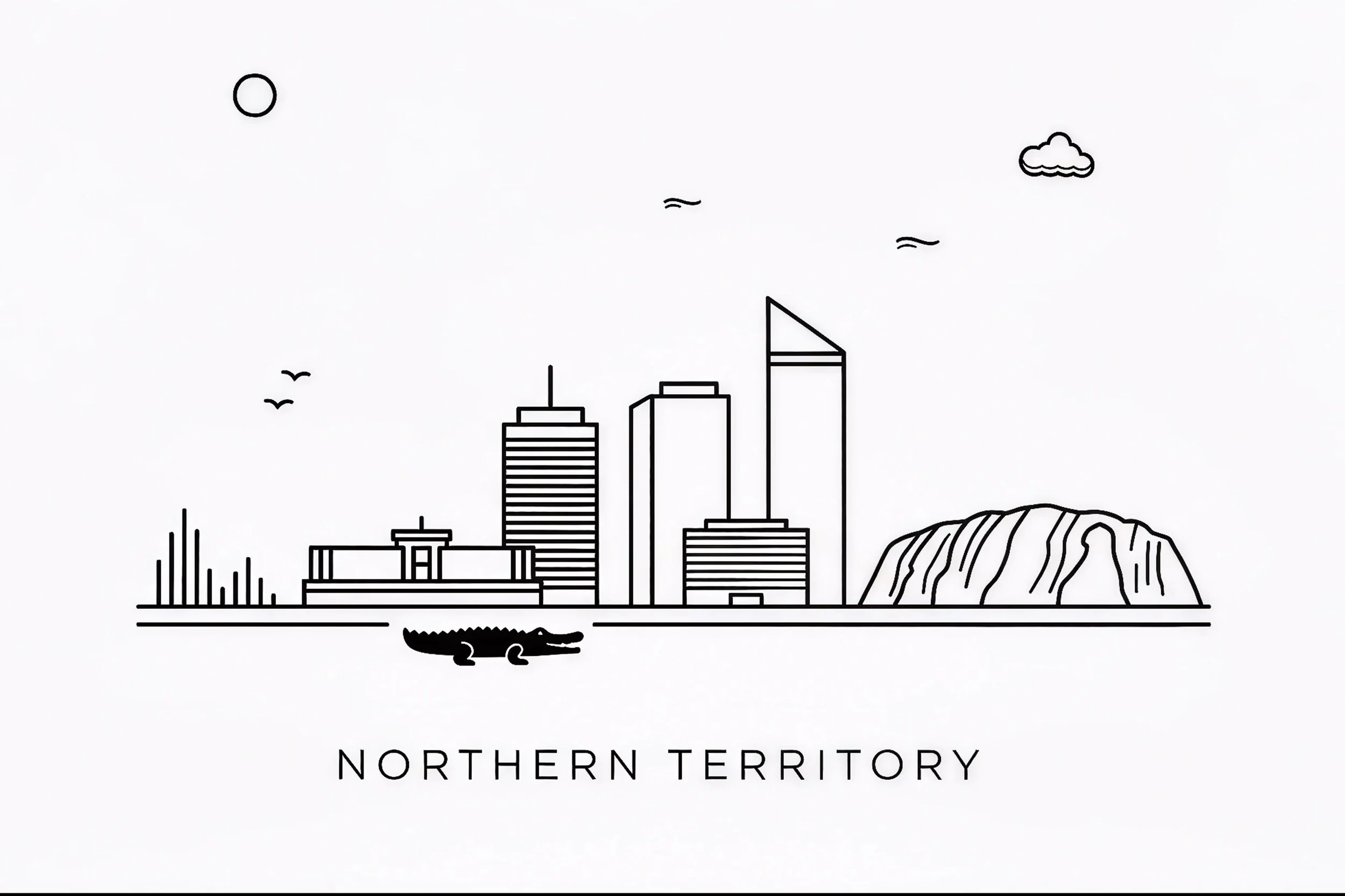 Minimalist black and white line drawing of a city skyline with tall buildings, a mountain, a body of water, and the label "Northern Territory" at the bottom.
