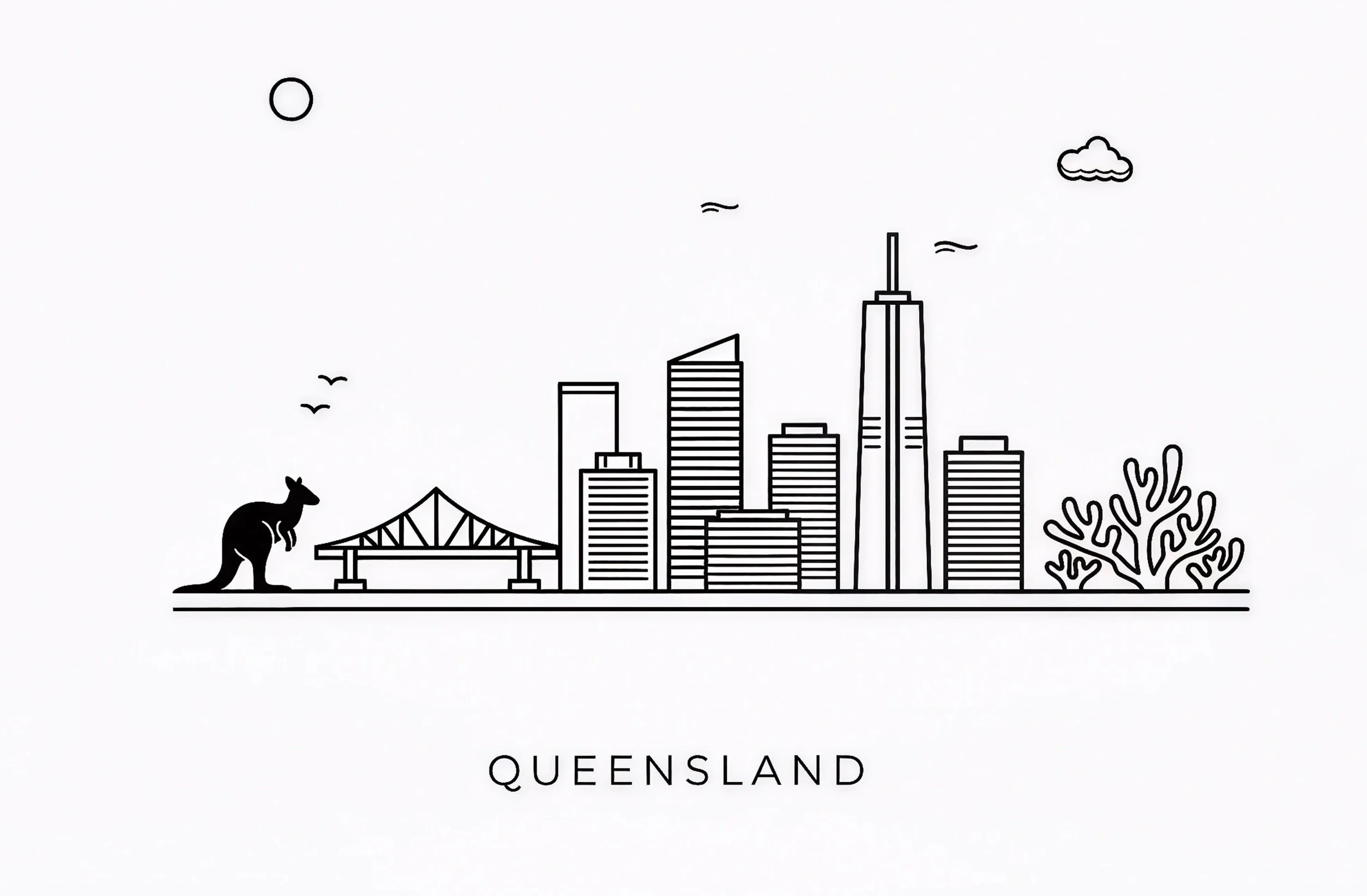 Line drawing of the skyline of Queensland, Australia, including landmarks, a kangaroo, and a bush, with the word 'Queensland' below.
