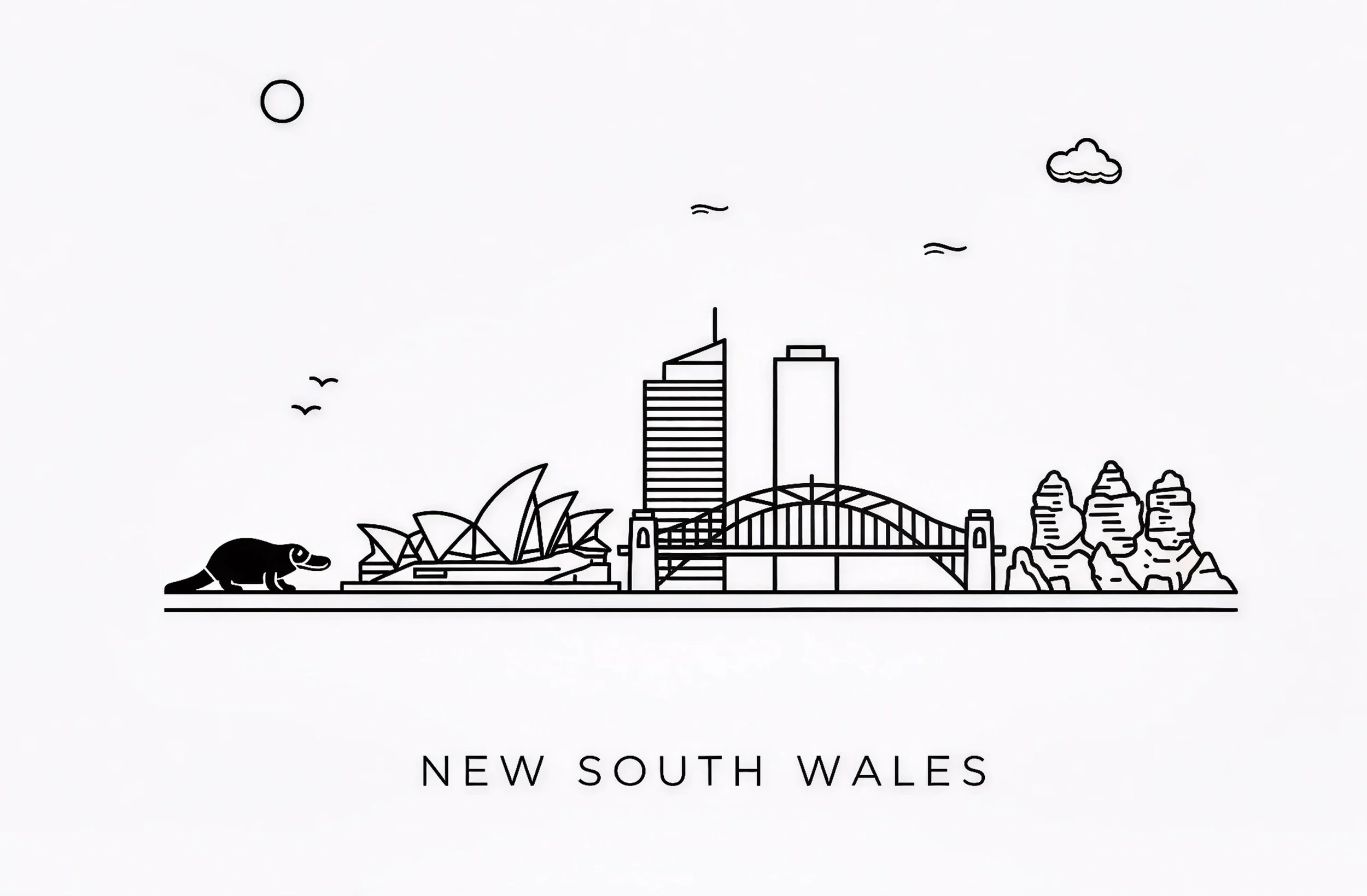 Minimalist black and white line drawing of the Sydney Opera House, Harbour Bridge, and city skyline in New South Wales, Australia, with a kangaroo on the left and clouds, sun, and seagulls in the sky.