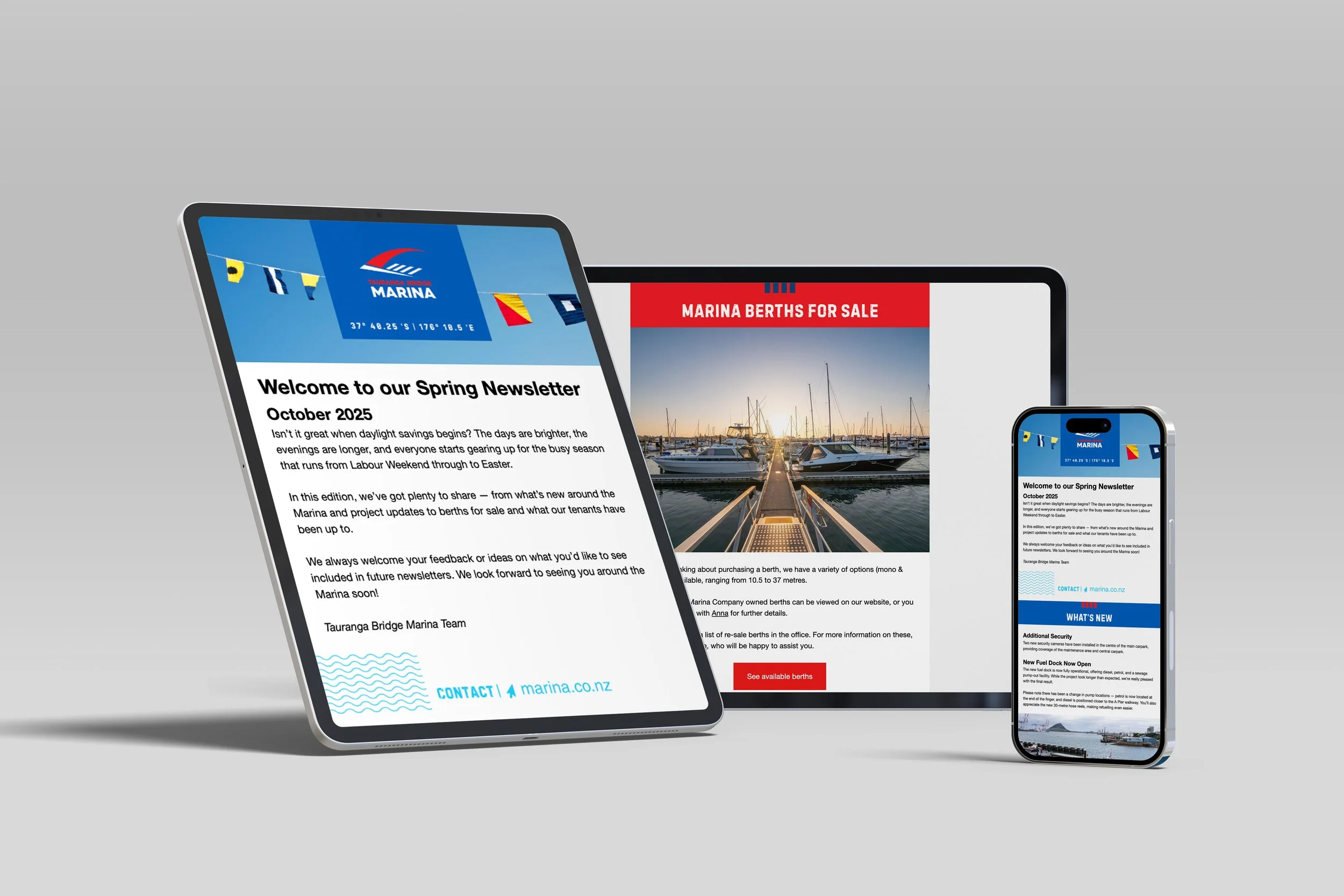 Tauranga Bridge Marina newsletter shown on multiple devices