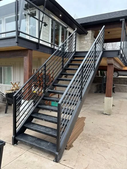 Steel post and cable railing deck stairs Kelowna